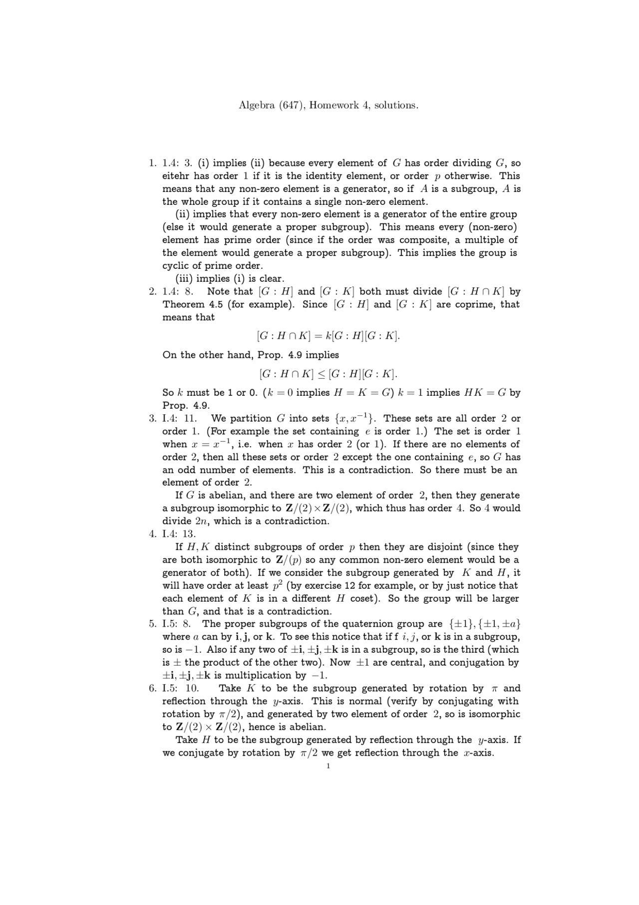 Homework 4 with Solution for Abstract Algebra | MATH 647 - Docsity