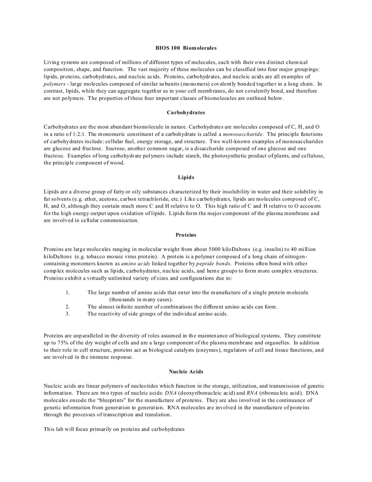 Biomolecules - Biology of Cells and Organisms - Laboratory 17 | BIOS ...