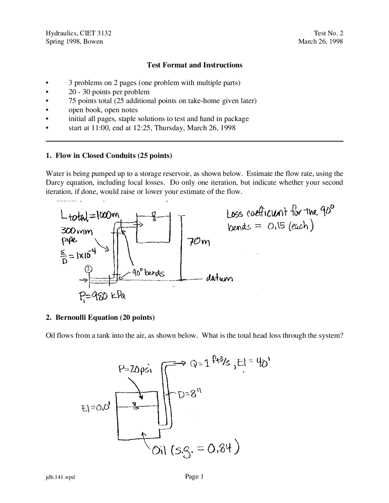 Test 2 with Answers - Hydraulics and Hydrology - Fall 1998 | CEGR 3143 ...