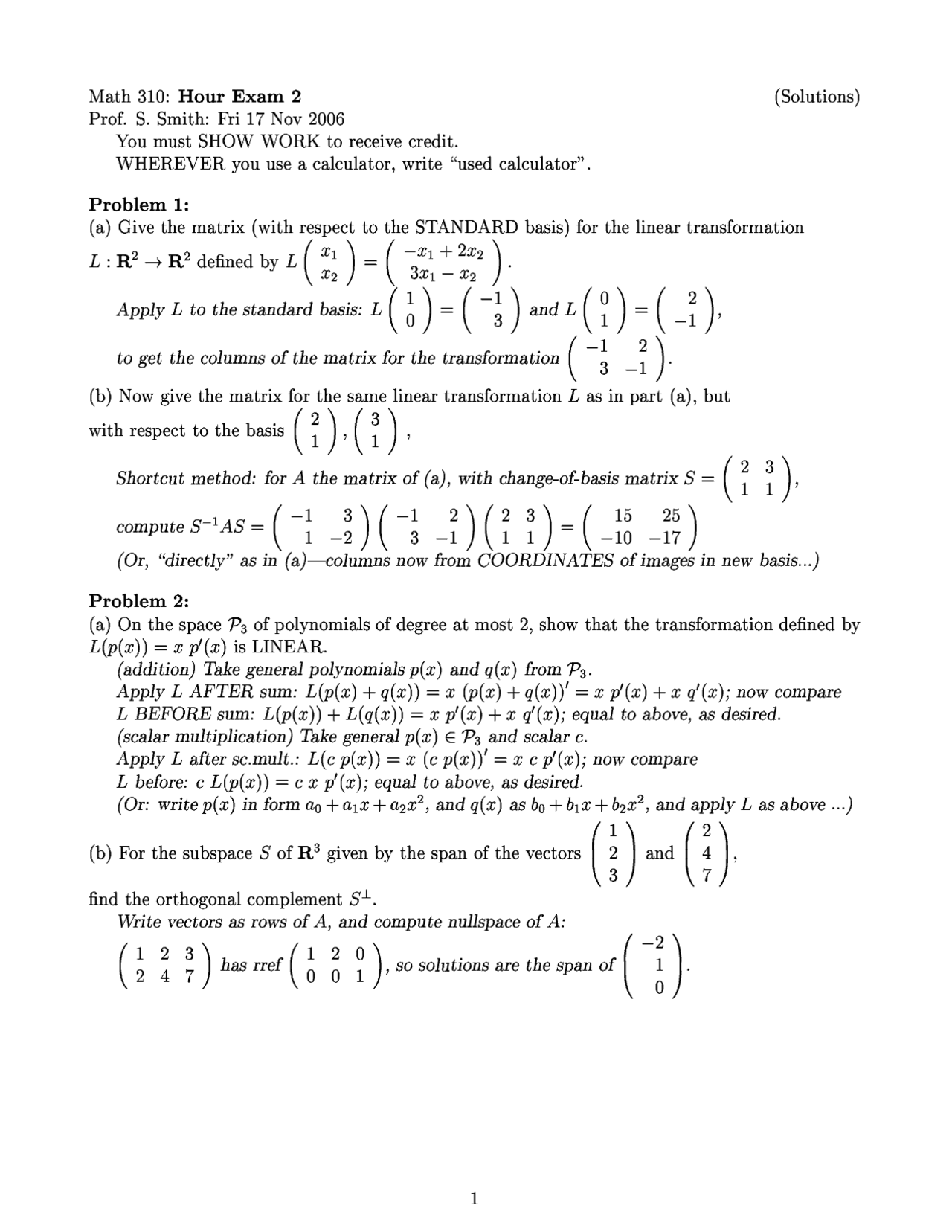 Solution Of Exam 2 Applied Linear Algebra Fall 06 Math 310 Docsity