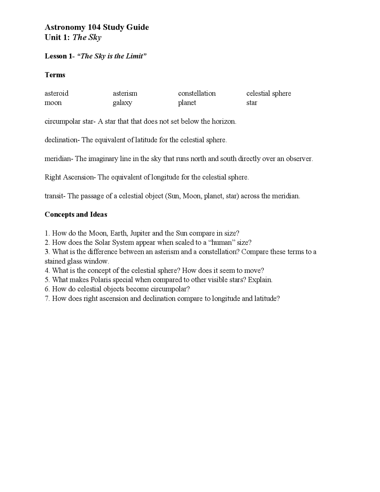 Astronomy 104 Study Guide: Unit 1 - The Sky | Study notes Astronomy ...