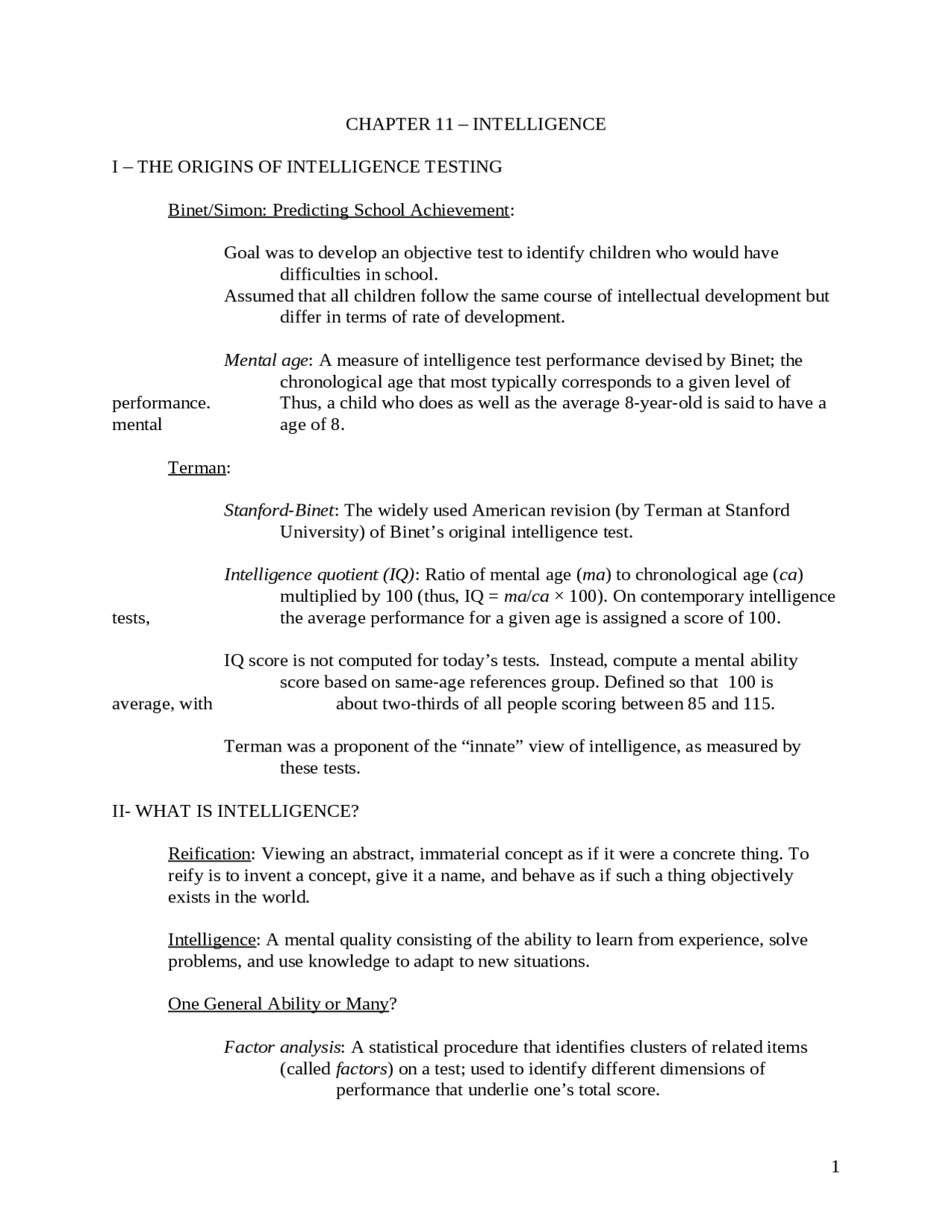 Intelligence Psychology Notes.pdf Intelligence - Introductory Psychology | PSY 101 - Docsity