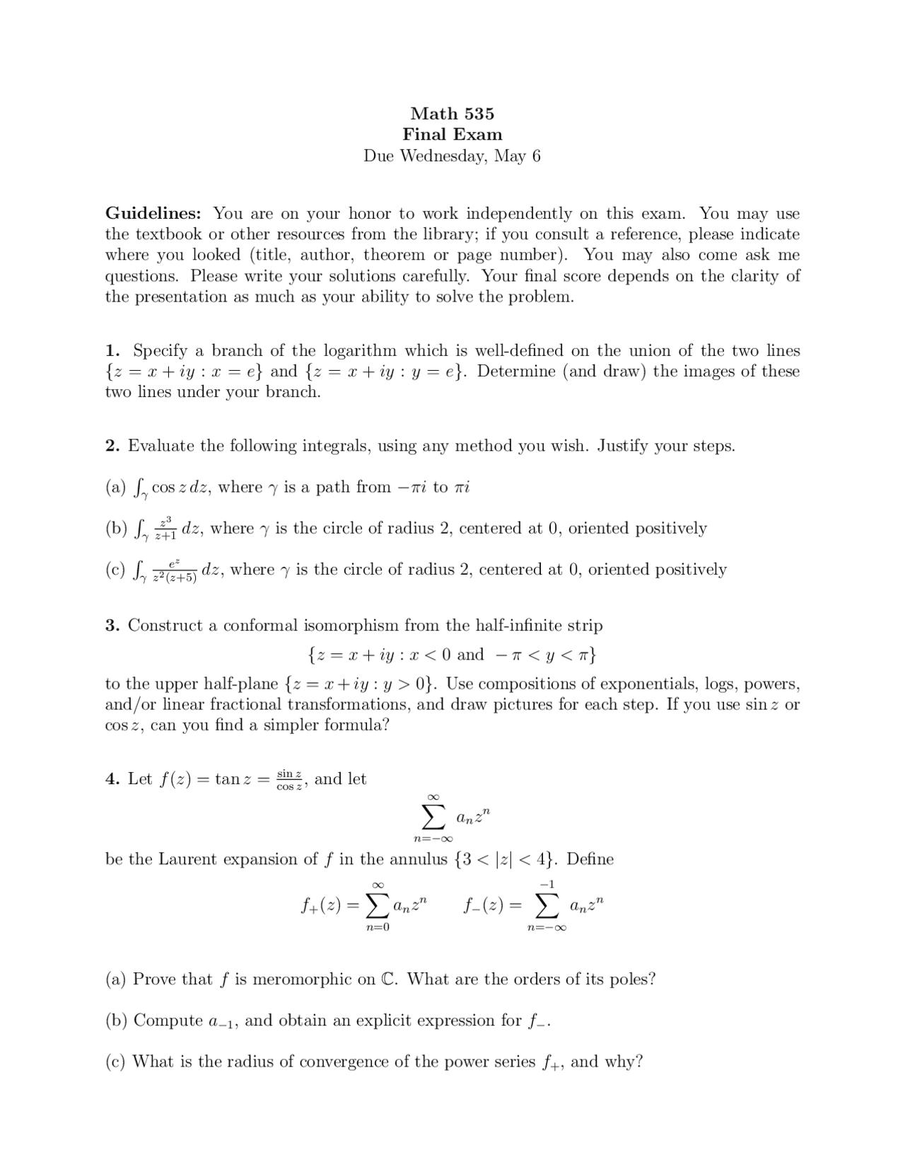 Complex Analysis I - 8 Questions for Final Exam | MATH 535 - Docsity