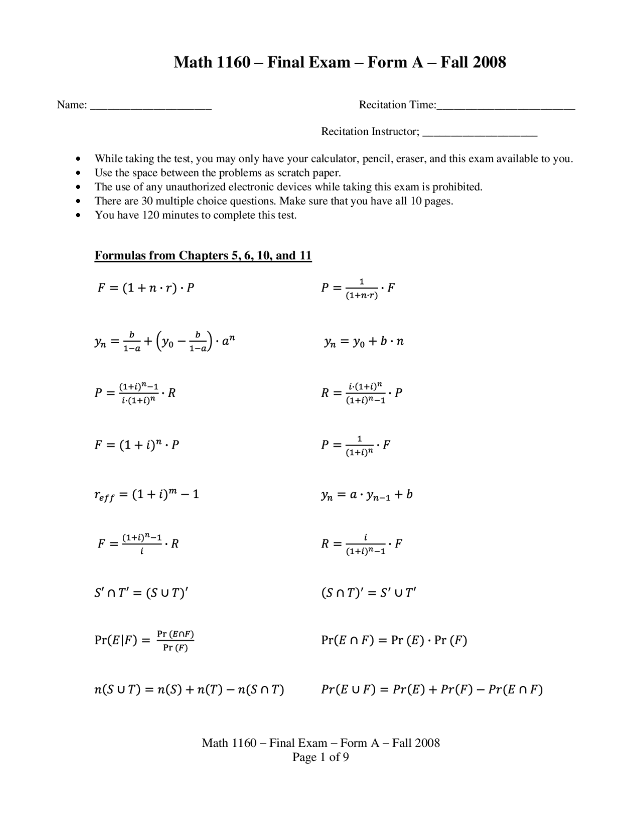 Finite Math Test Question Example 30 Questions on Final Exam - Finite Mathematics and Application | MATH ...