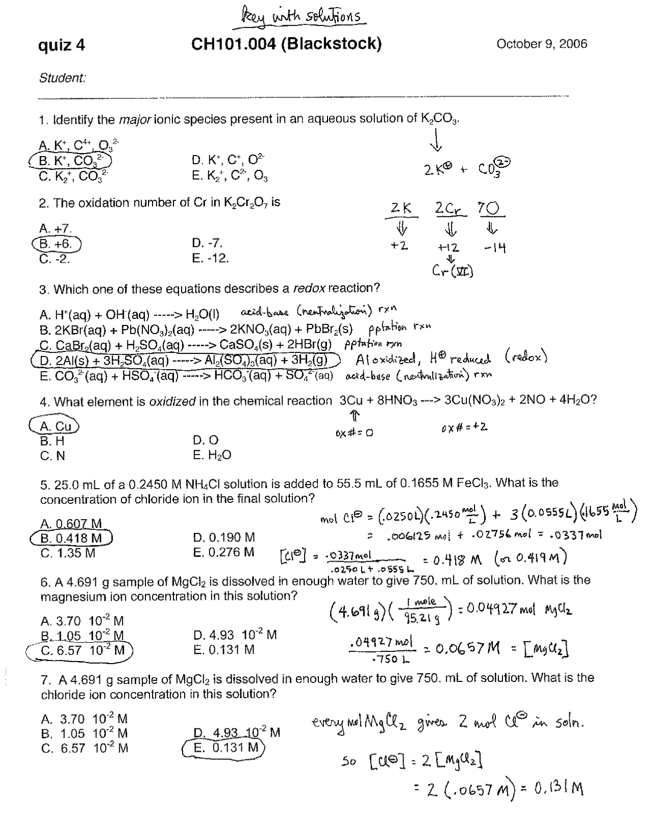 Solutions to Quiz 4 - General Chemistry | CH 101 - Docsity