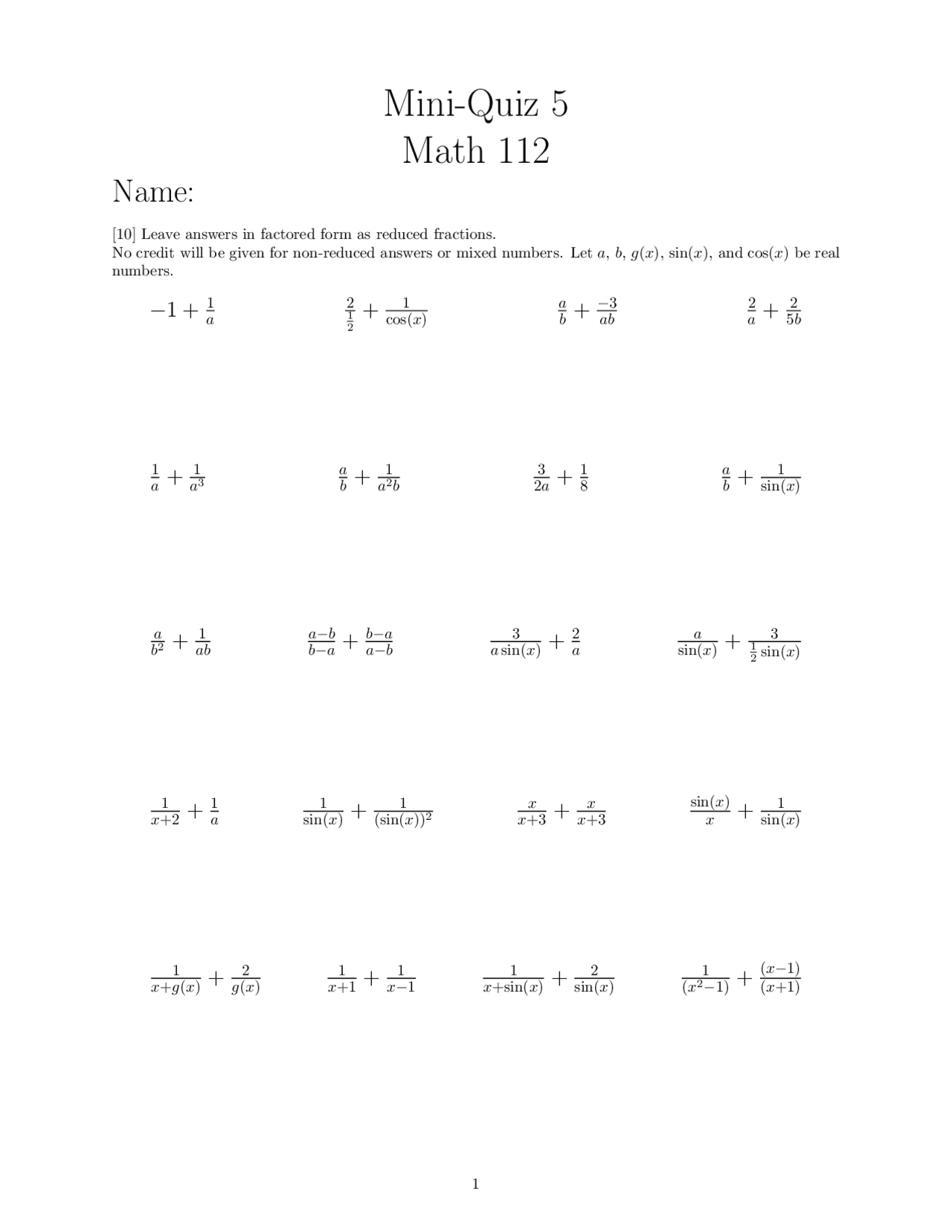 Elementary Functions - Quiz 5 Questions | MATH 112 - Docsity