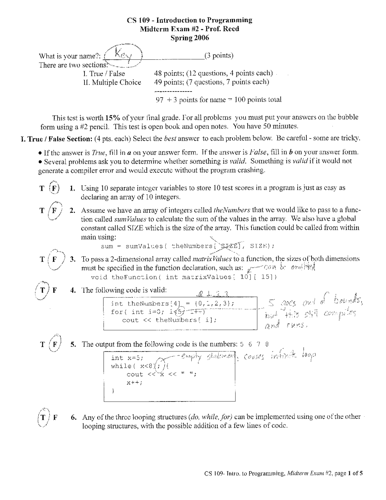 midterm cs306 - introduction to python | pdf |... Midterm Exam #2 with Answer Key - Introduction to Programming | CS 109 ...