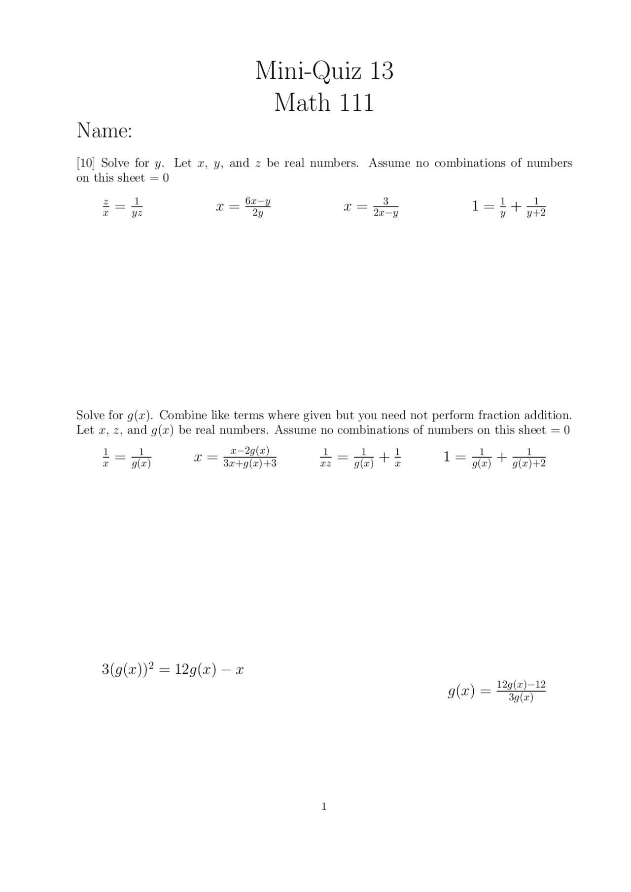 Assume Combinations of Numbers Quiz 13 MATH 111 Quizzes Algebra