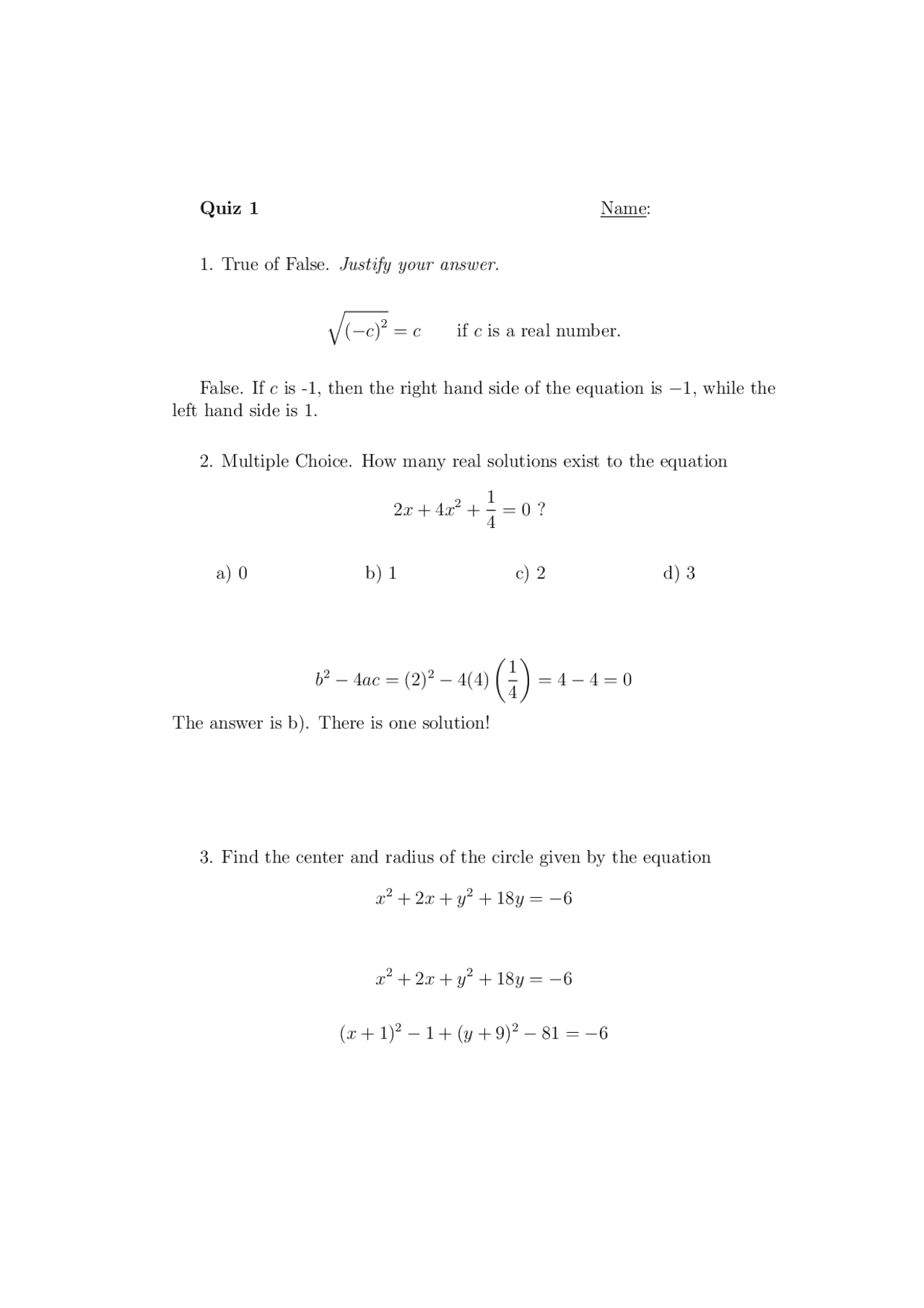 Quiz I Questions - College Algebra - with Answers | MATH 111 | Quizzes ...