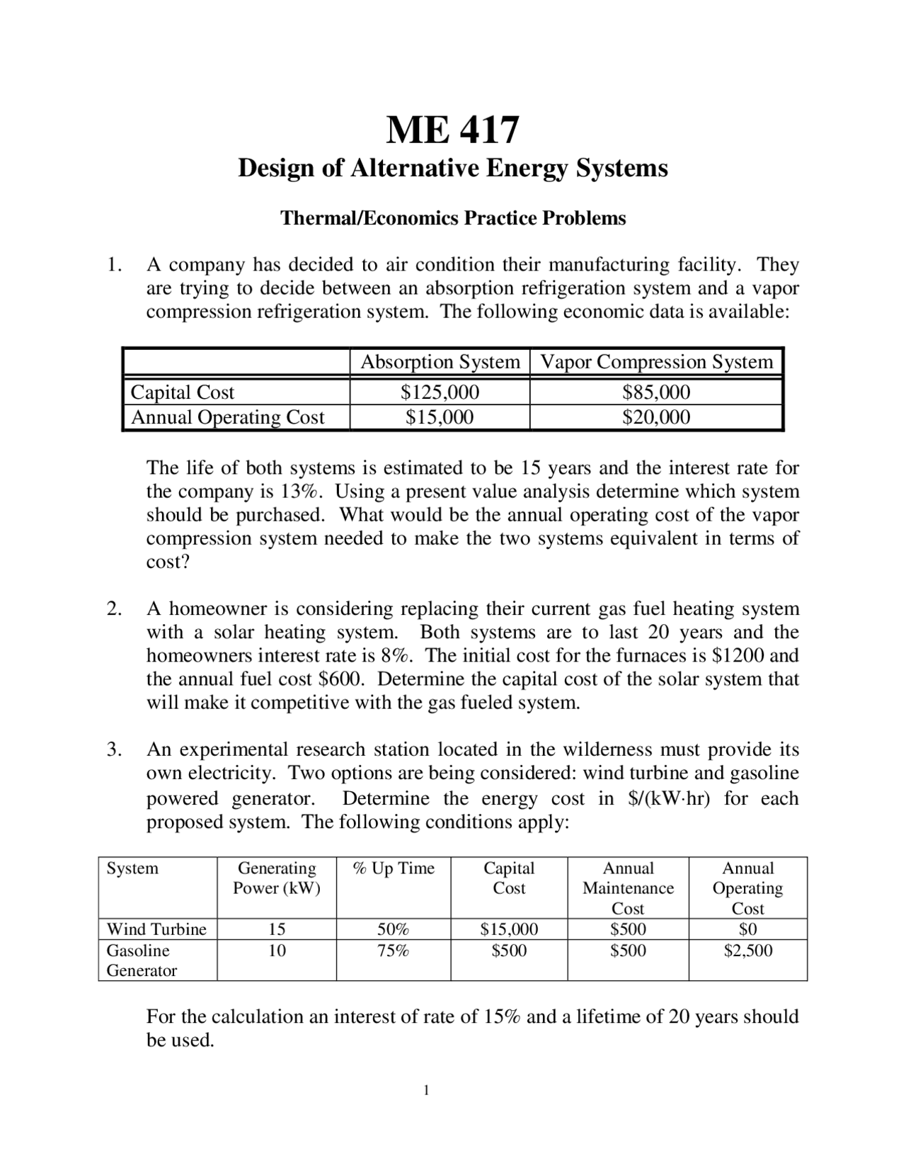Practice Problems for Design of Alternative Energy Systems | ME 417 ...