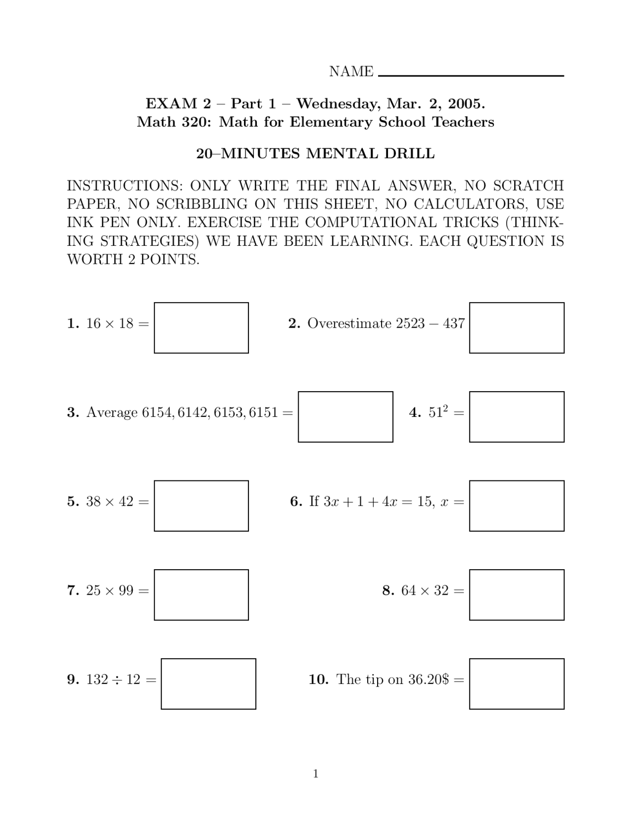 Mathematics for Elementary School Teachers - Old Exam 2005 | MTH 320 ...
