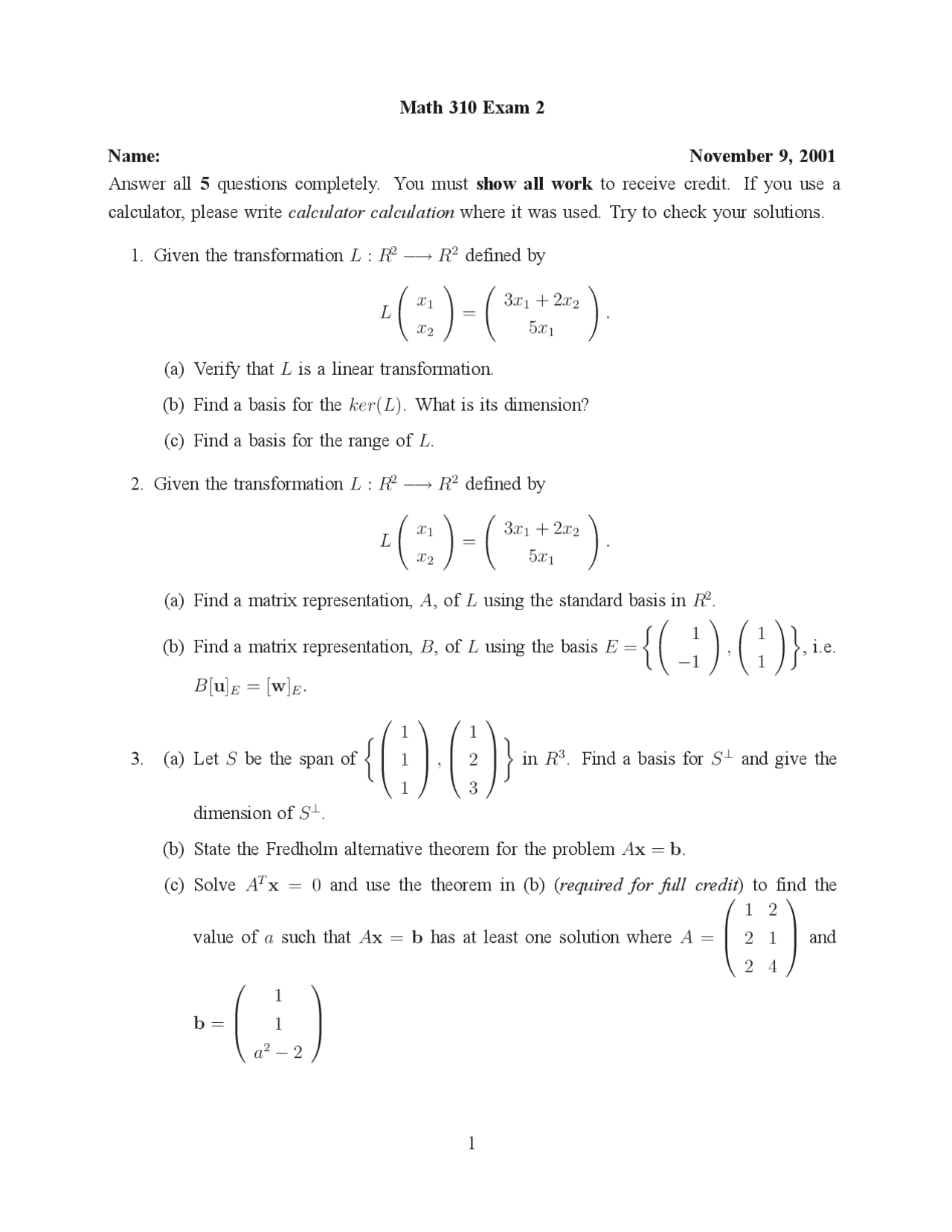 5 Questions Exam 2 - Applied Linear Algebra | MATH 310 - Docsity