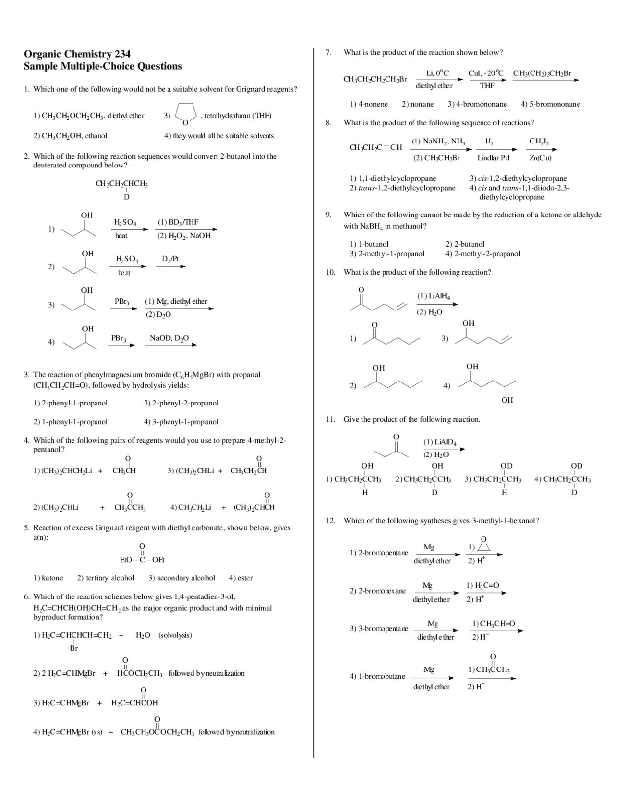 Sample Multiple Choice Questions on Organic Chemistry II for Exam | CHEM 234 | Prove d'esame ...