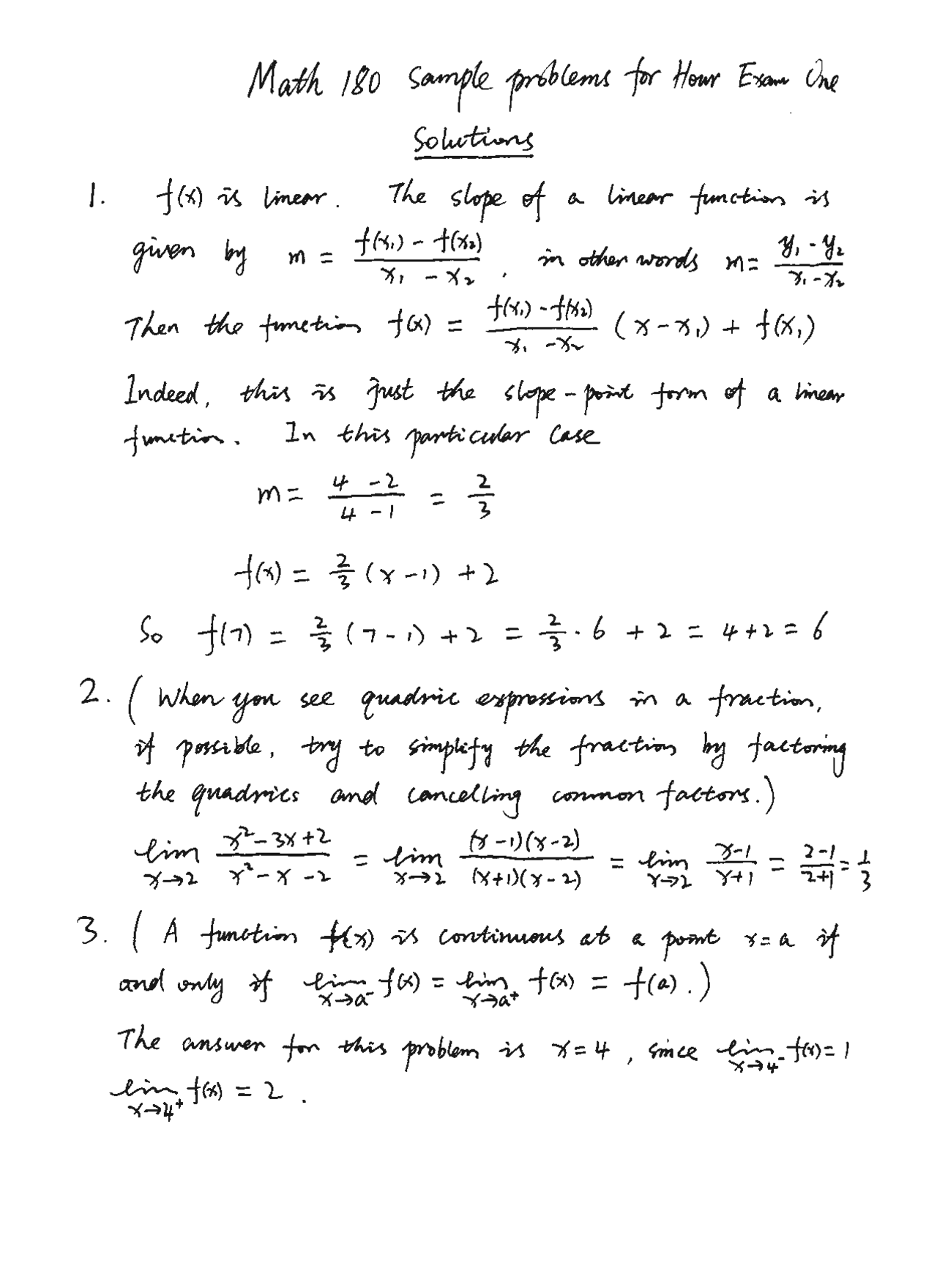Introductory Calculus Example Questions Sample Problems with Answers - Calculus I | MATH 180 - Docsity