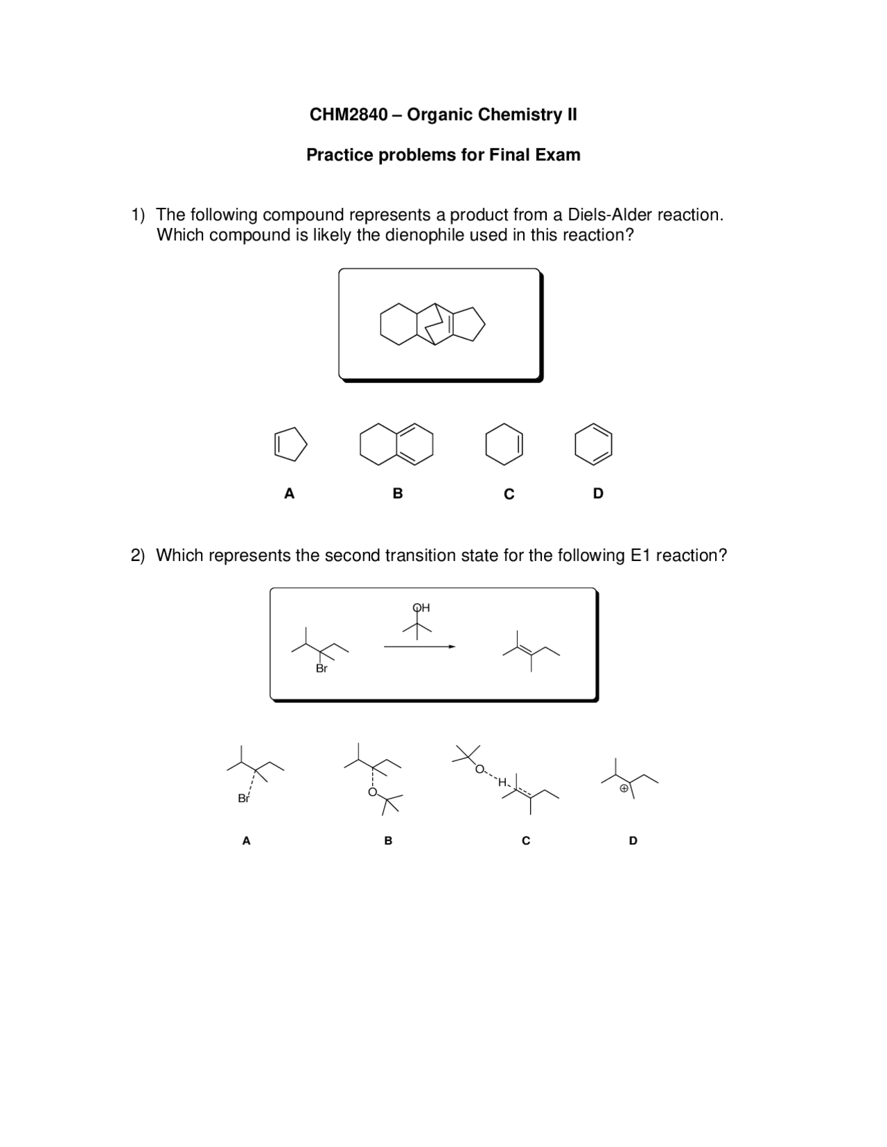 Practice Problems for Final Exam - Organic Chemistry II | CHM 2840 ...