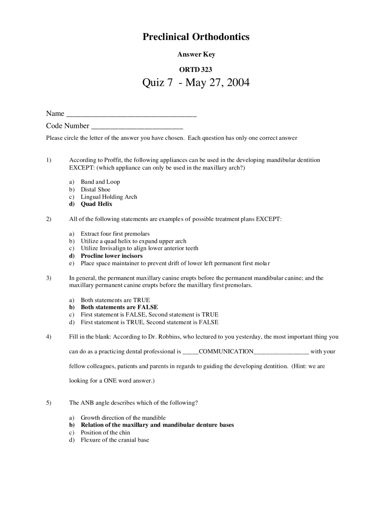 5 Solved Multiple Choice Questions on Orthodontics Quiz 7 ORTD 323