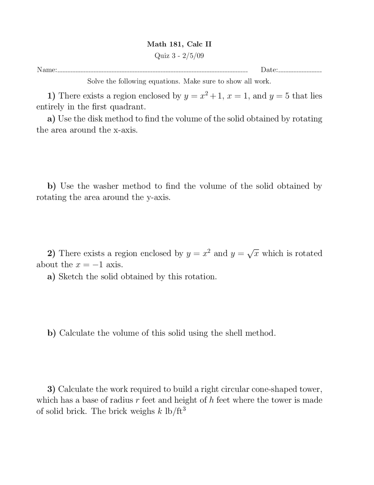 Quiz 3 with 3 Questions on Calculus II | MATH 181 - Docsity