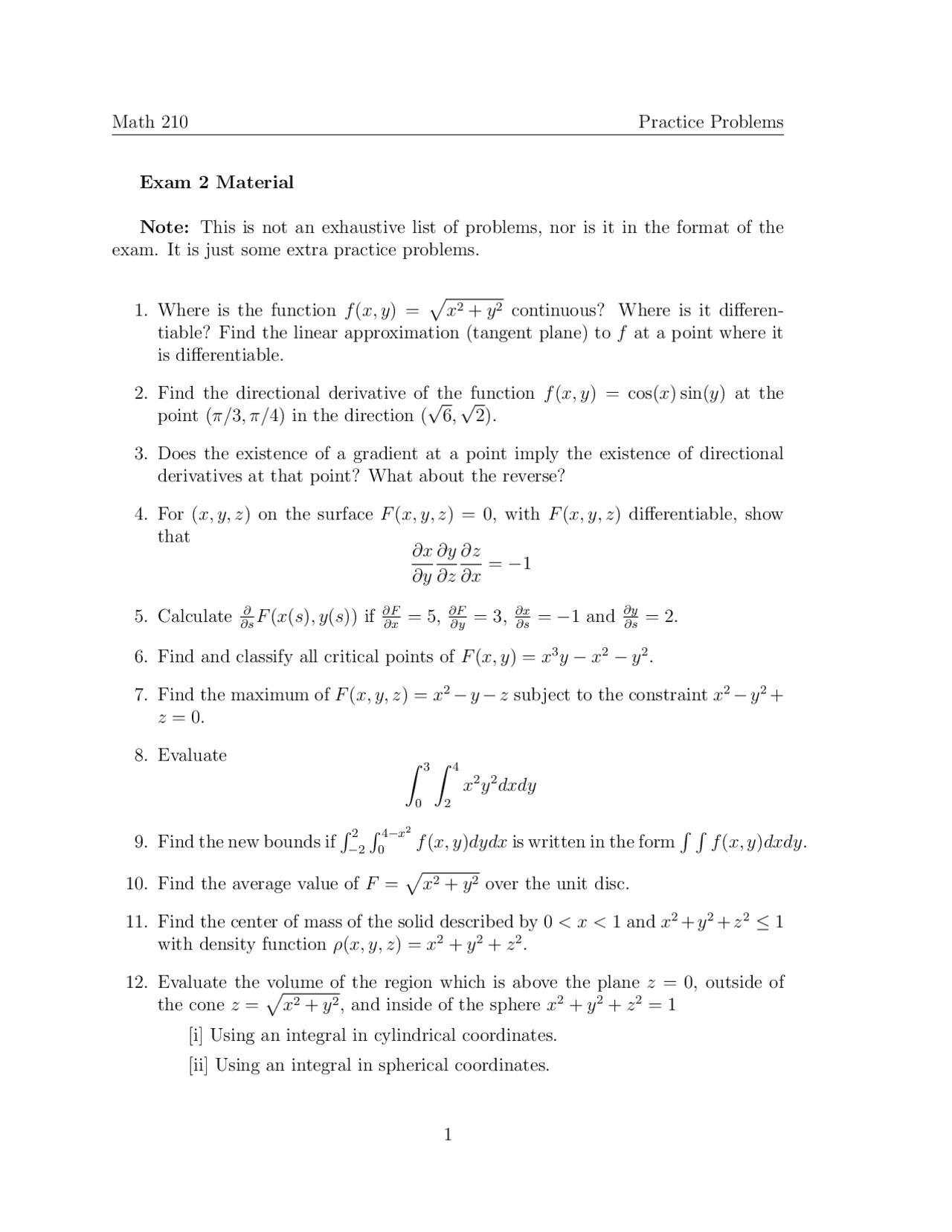 Practice Problems for Exam 2 - Calculus III | MATH 210 - Docsity