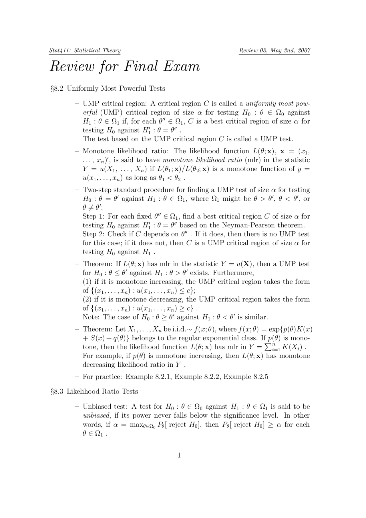 Review for Final Exam - Statistical Theory | STAT 411 - Docsity