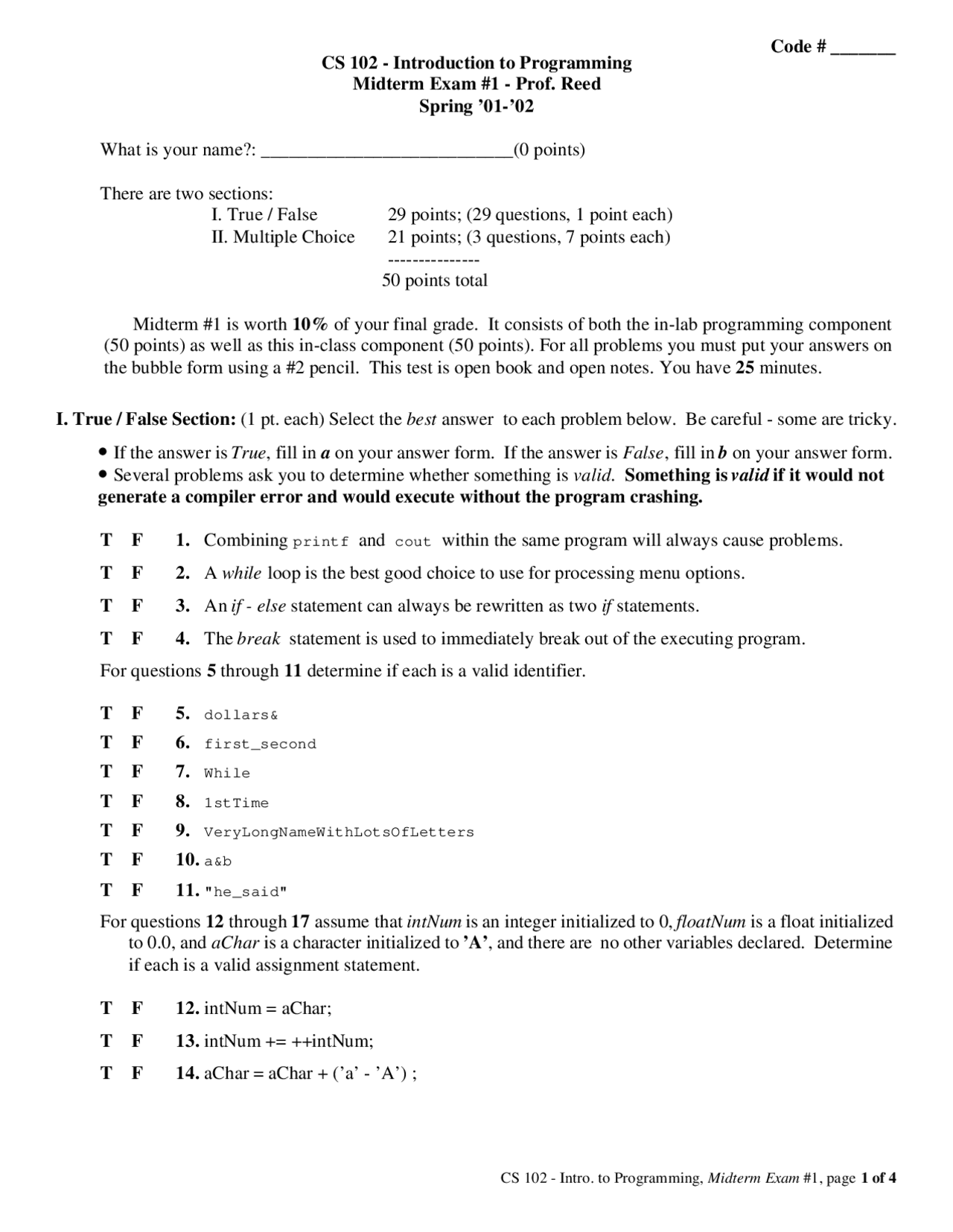 Practice Midterm Exam 1 - Introduction to Programming | CS 102 - Docsity