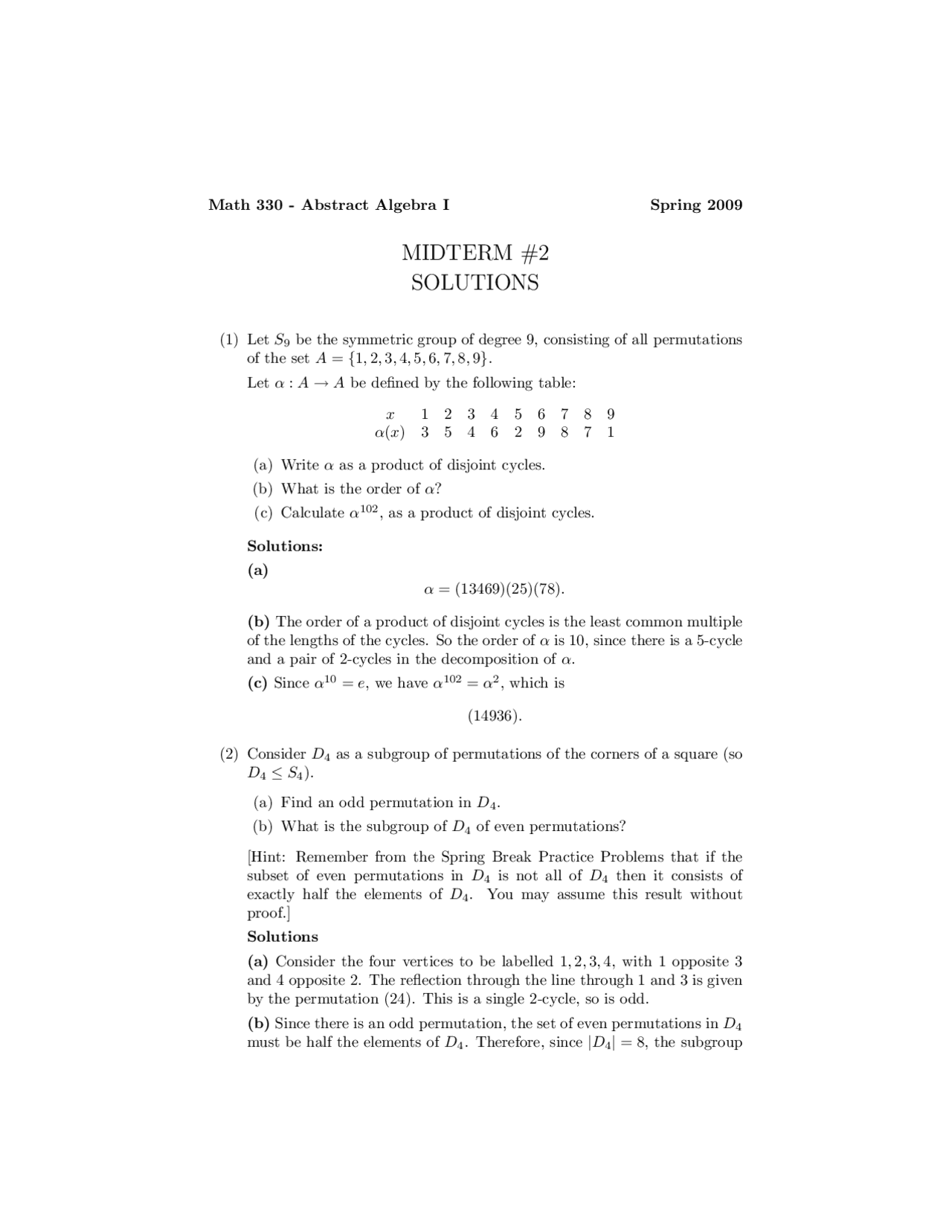 Math Abstract Example Exam Midterm Exam 2 with Solutions - Abstract Algebra I | MATH 330 - Docsity