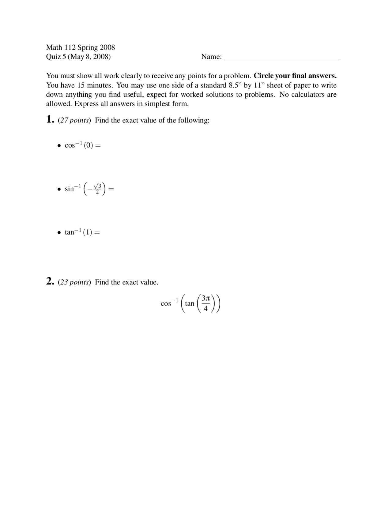 Four Questions on Elementary Functions - Quiz Five | MATH 112 - Docsity