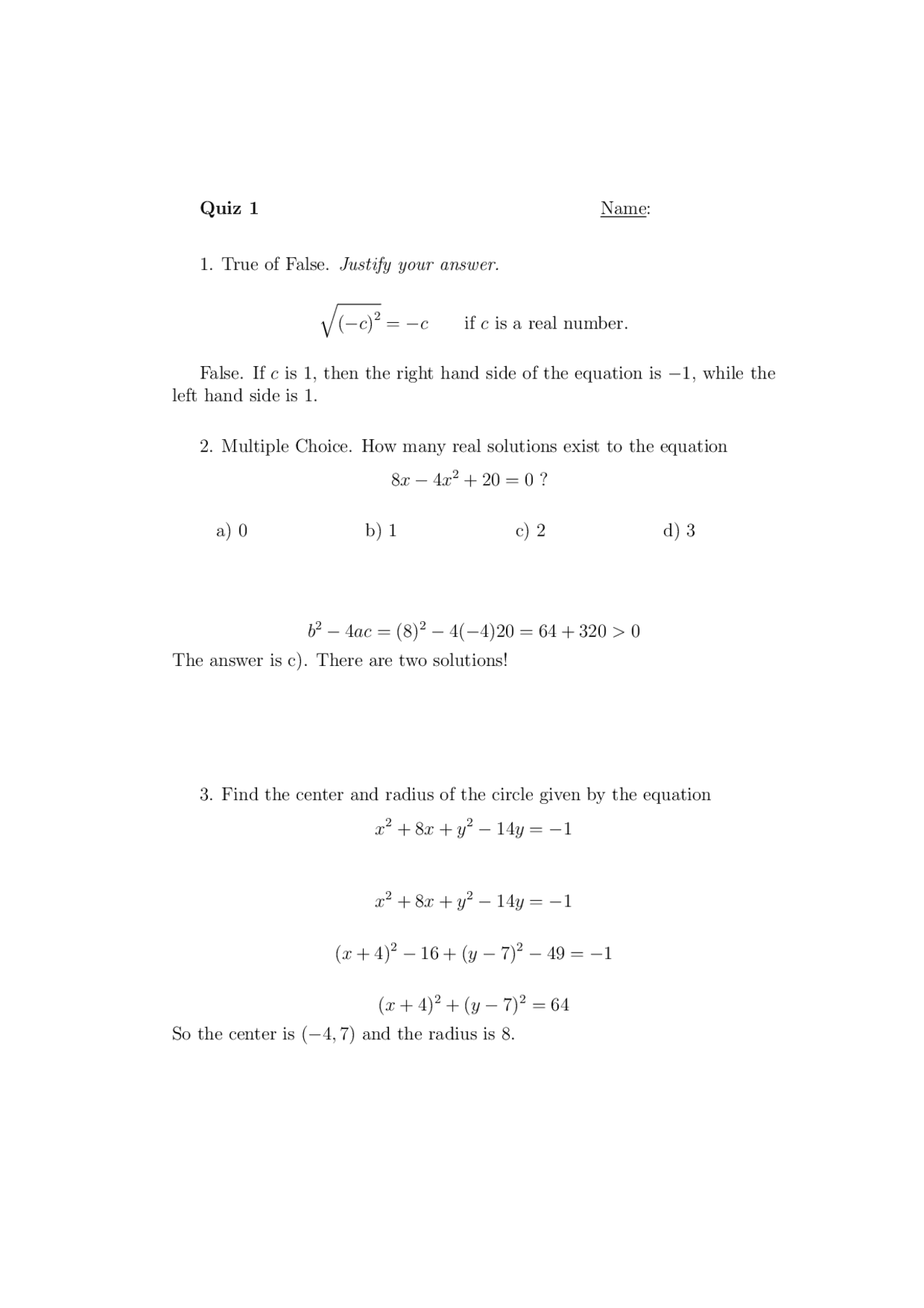 Solved Quiz 1 | College Algebra | MATH 111 - Docsity