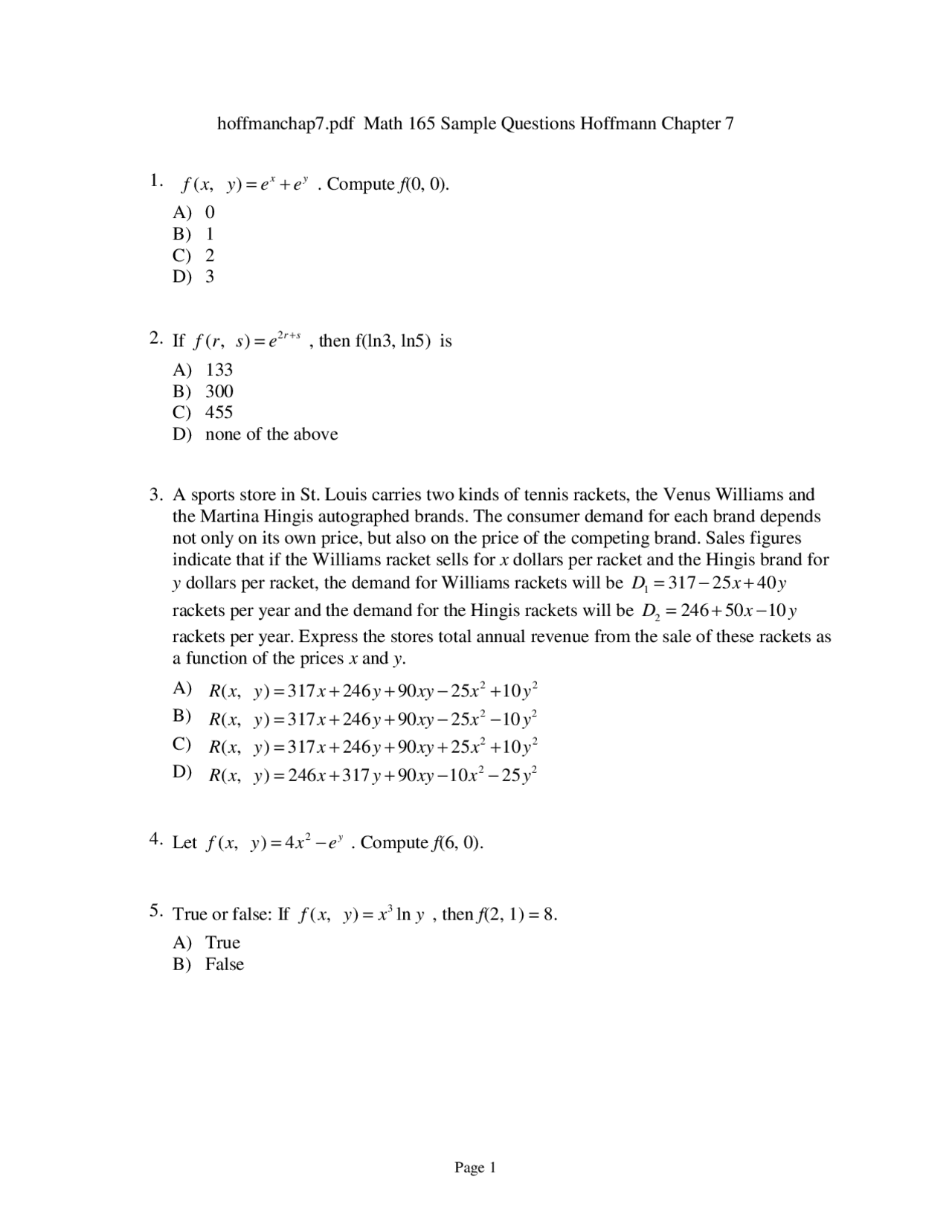 Cal Question Example Sample Questions with Answer Key - Calculus for Business | MATH 165 ...