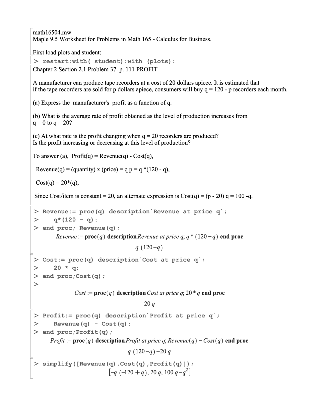 Calculus for Business - Worksheet Problems | MATH 165 - Docsity