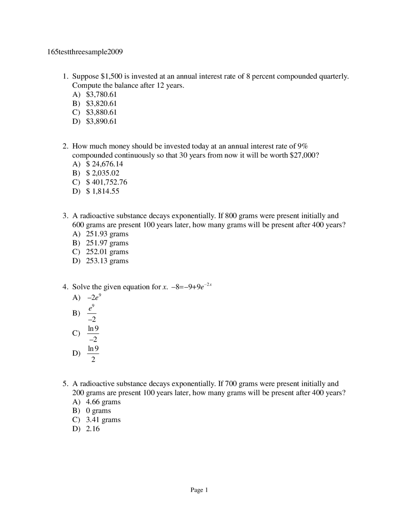 Multiple Choice Questions with Answer Key - Exam 3 | MATH 165 | Exams ...