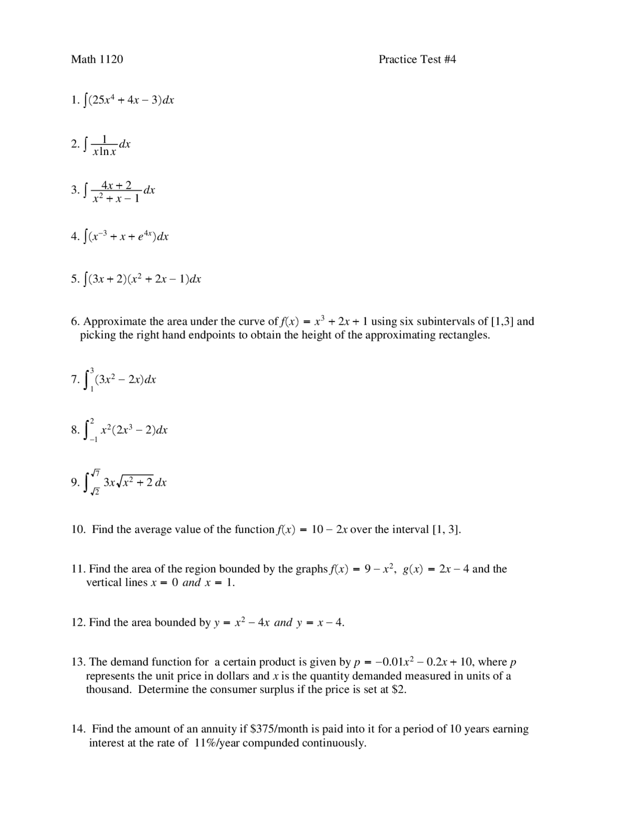 14 Problems on Calculus - Final Examination | MATH 1120 - Docsity