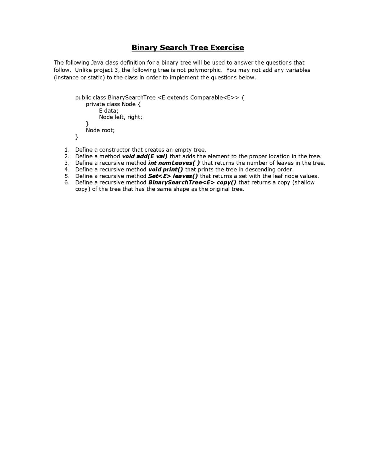 Binary Search Tree Exercises - Assignment | CMSC 132 - Docsity