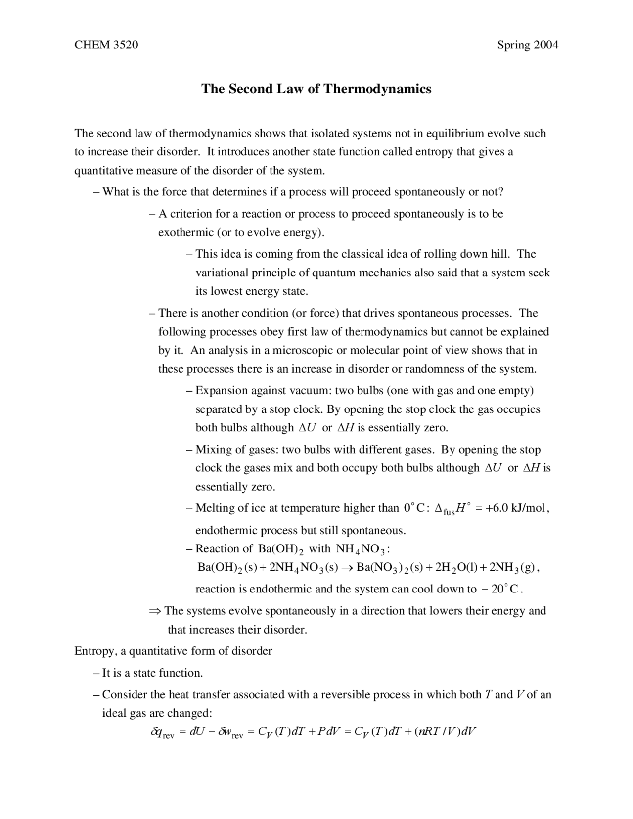 Physical Chemistry - The Second Law of Thermodynamics | CHEM 3520 - Docsity