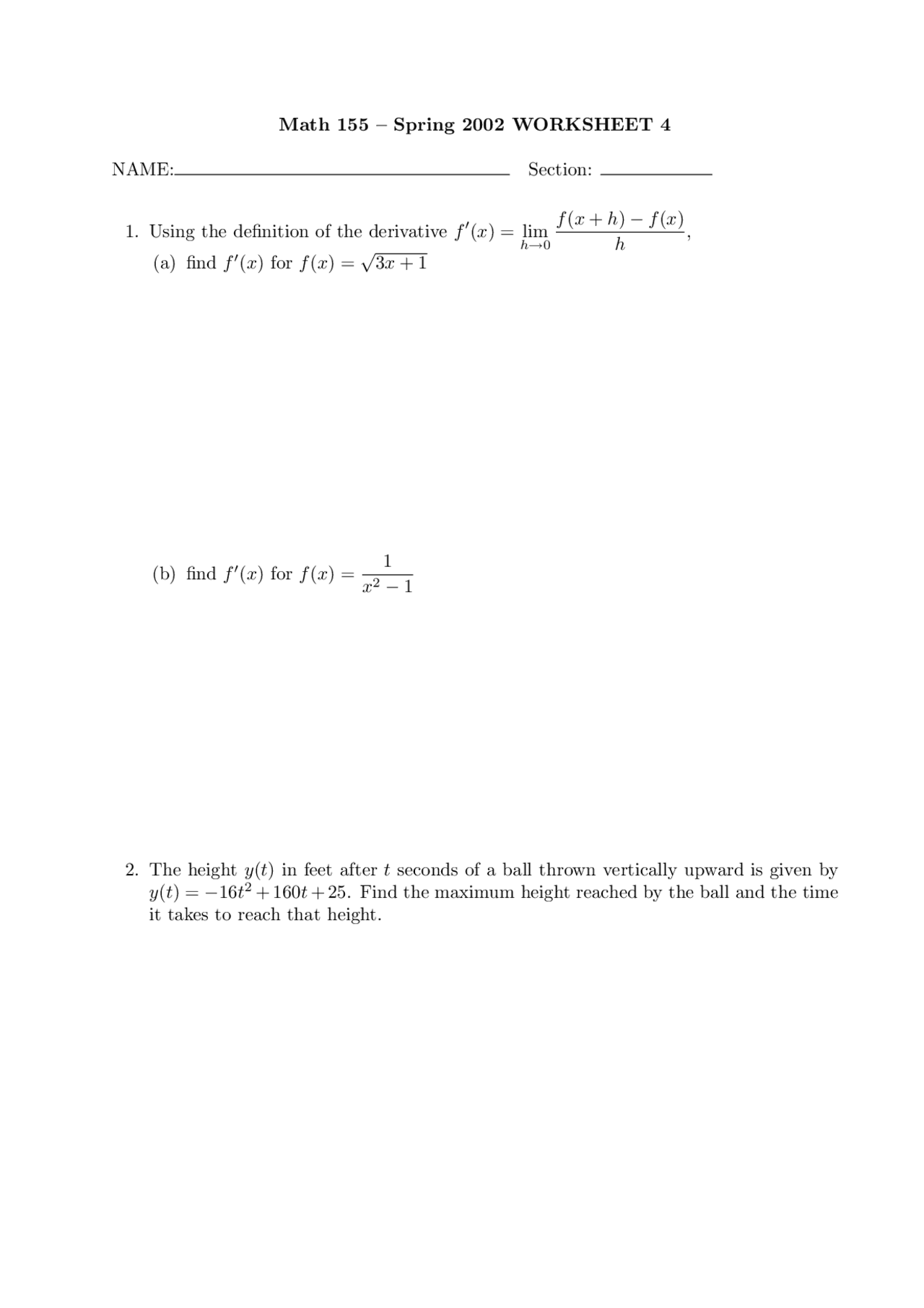 Calculus I - Worksheet 4 - Spring 2002 | MATH 155 - Docsity