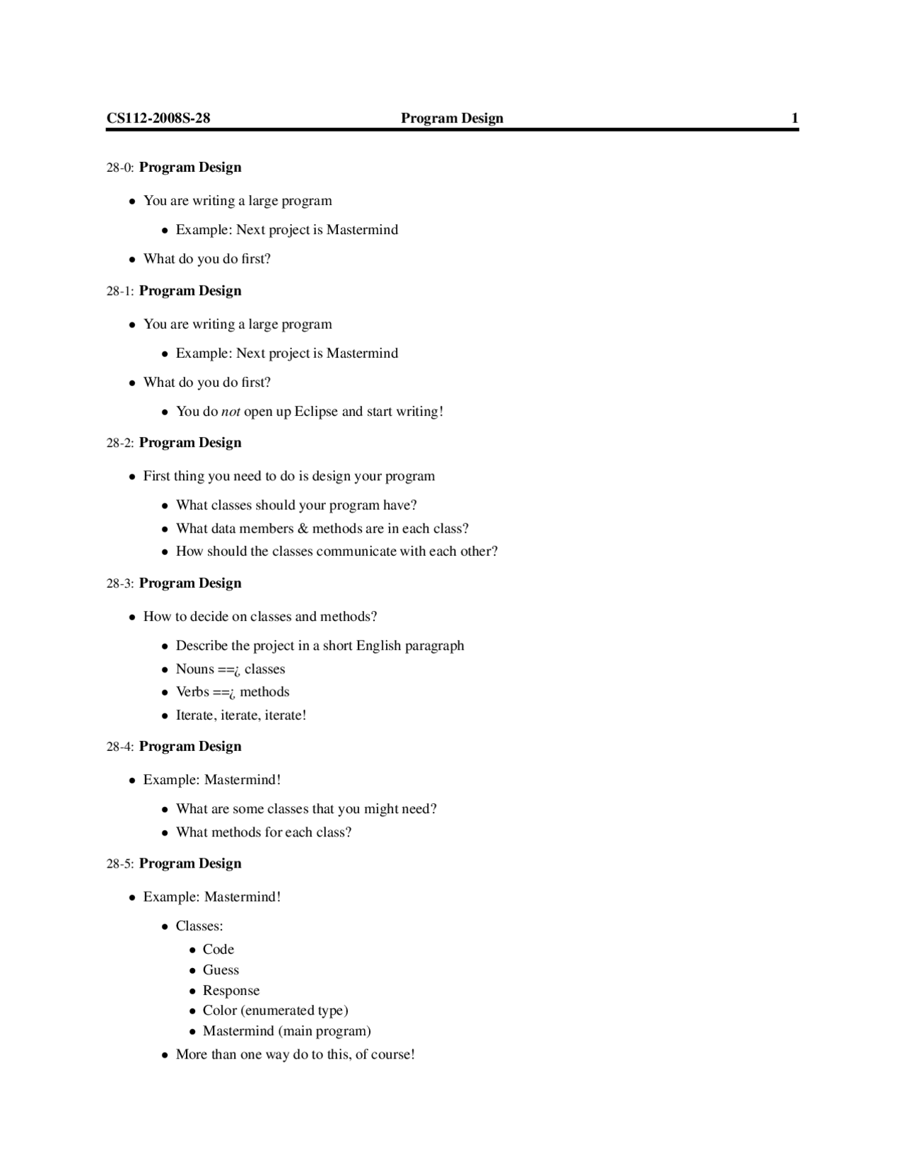 Program Design: Designing a Large Program with Mastermind as an Example ...
