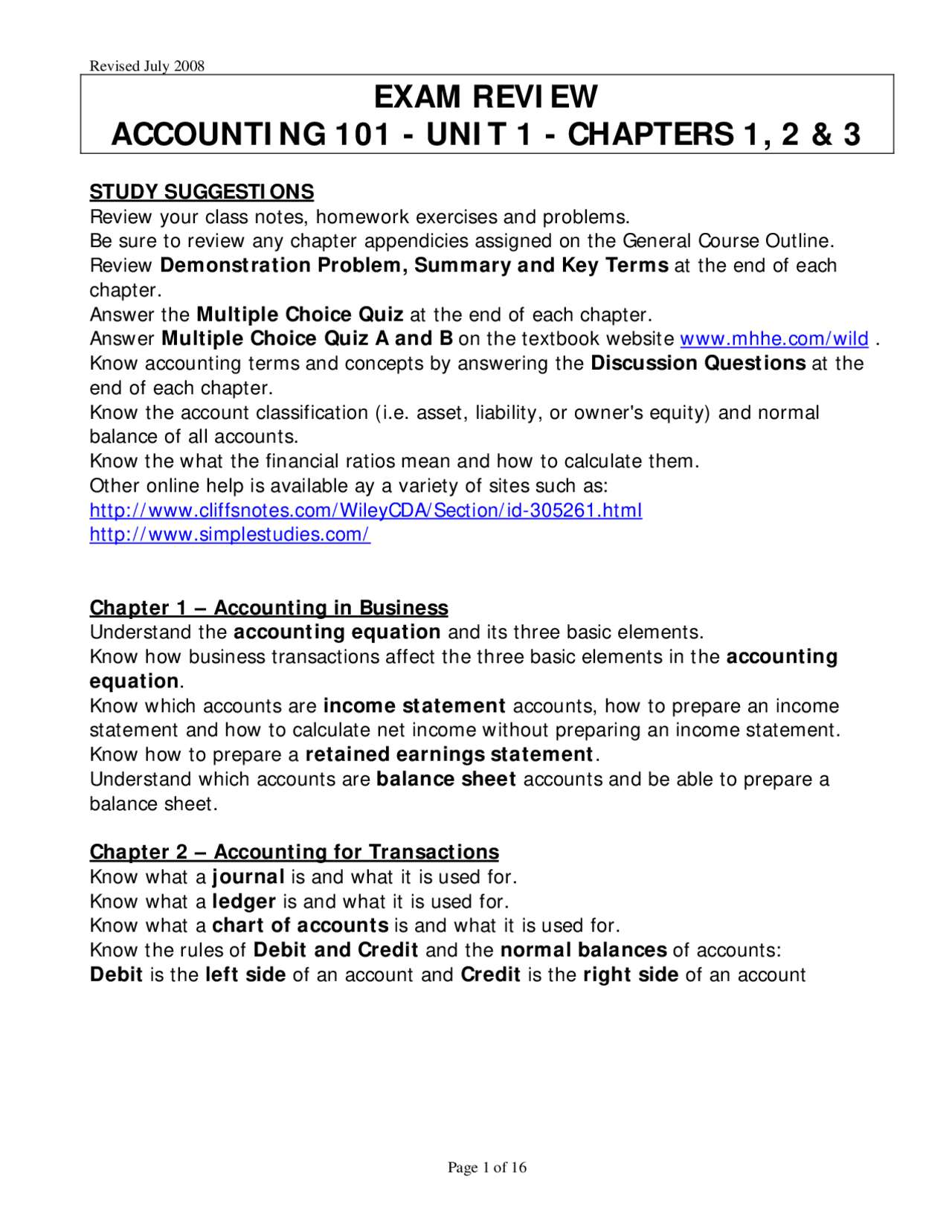 Accouting 101 Study Guide Introduction to Financial Accounting - Exam Review Notes | ACC 101 ...
