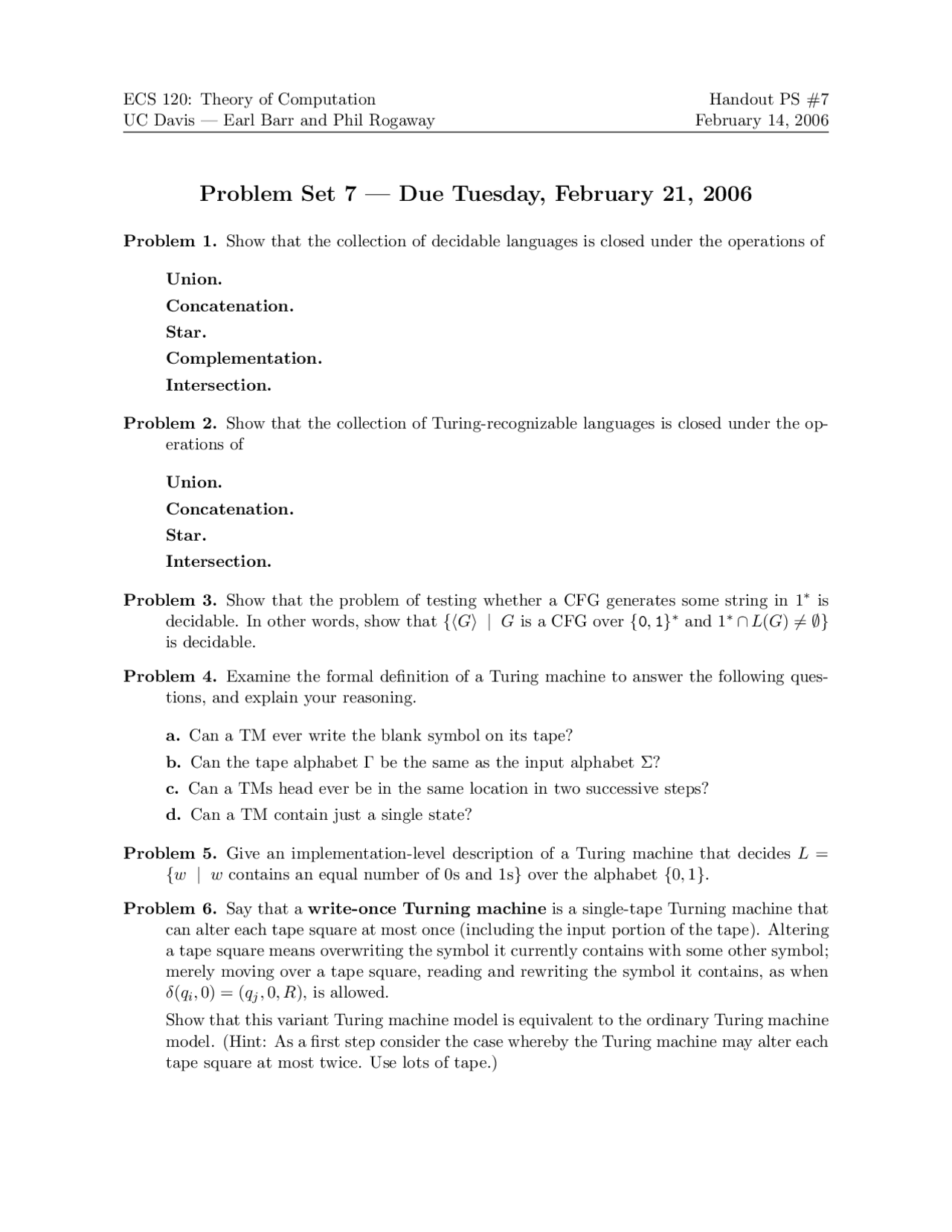 Problem Set 7 Problems - Theory of Computation | ECS 120 - Docsity