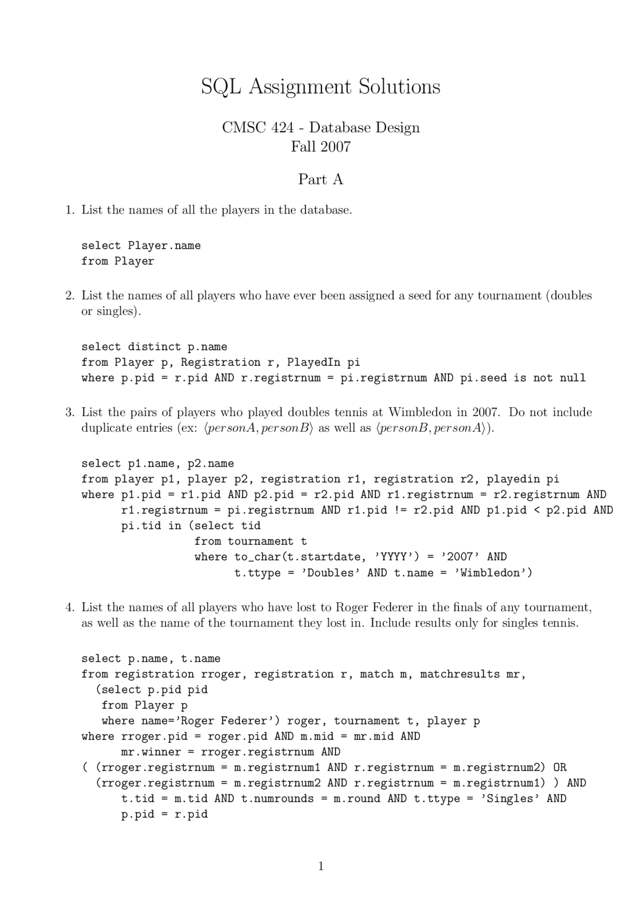 SQL Assignment Solutions - Database Design - Fall 2007 | CMSC 424 - Docsity