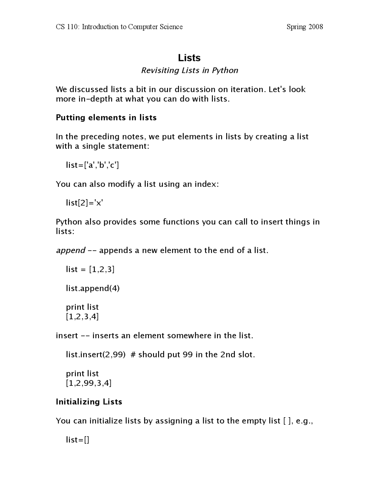 Lists Revisiting in Python - Introduction to Computer Science I | CS 110 |  Study notes Computer Science | Docsity