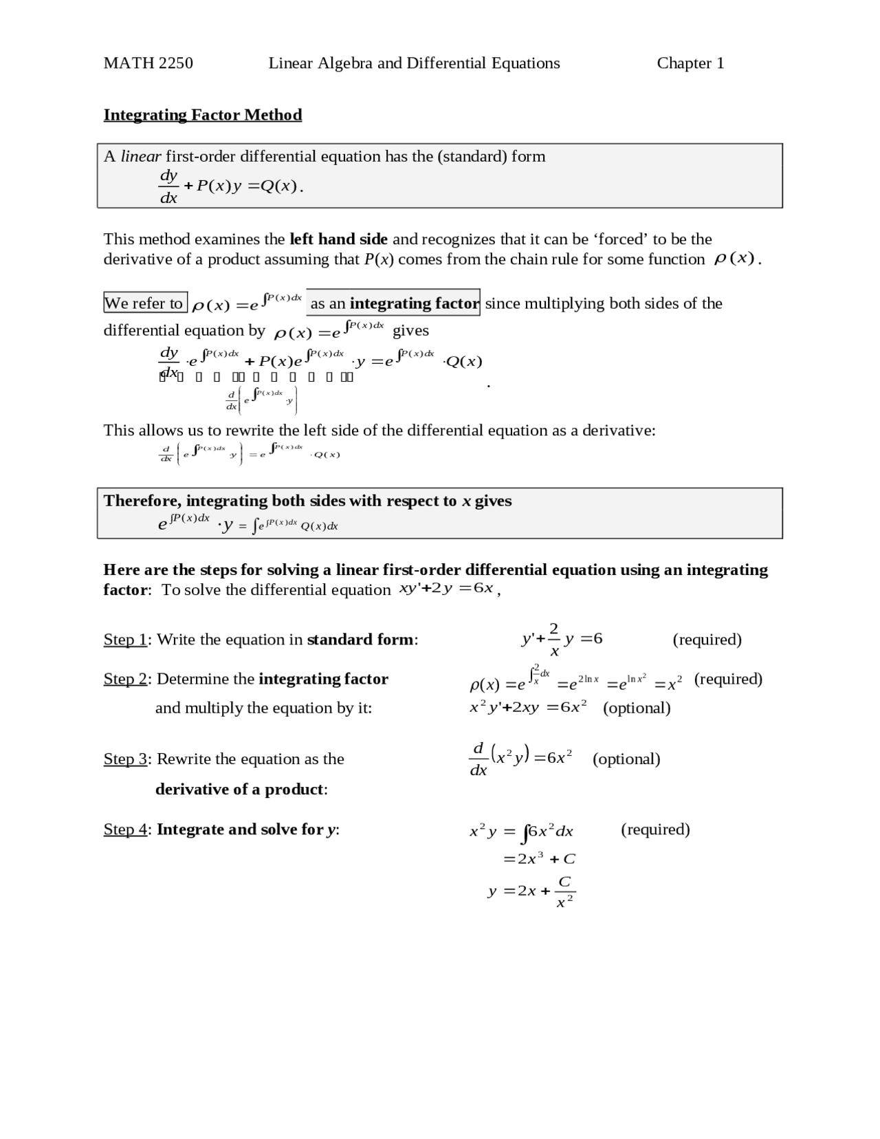 Integrating Factor Method - Lecture Notes | MATH 2250 - Docsity