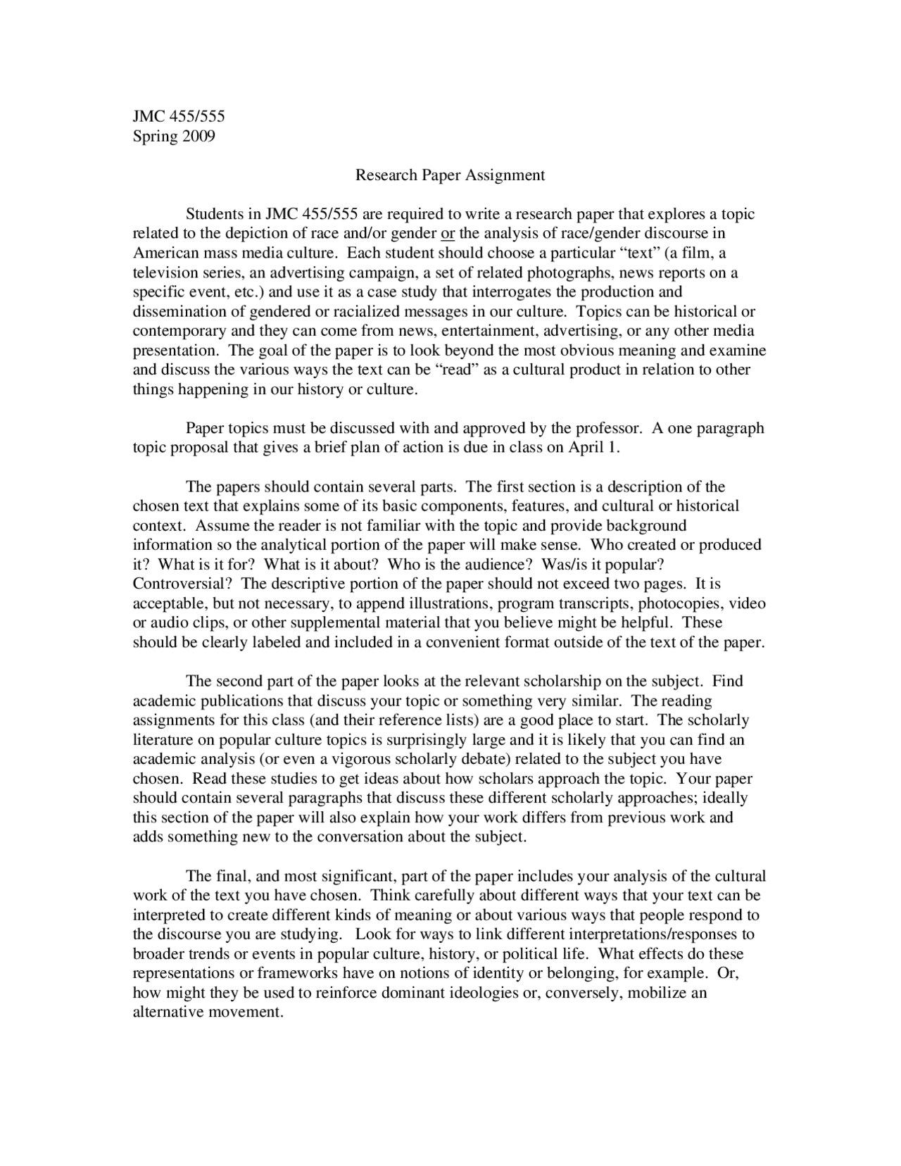 Research Paper Assignment - Project Papers - Spring 2009 | JMC 455 ...
