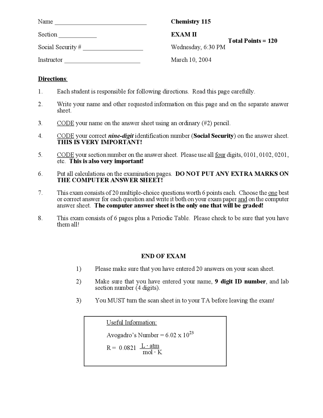 Old Lab Exam Papers Old Exam 1 with Answer Key - General Chemistry | CHM 11500 | Exams ...