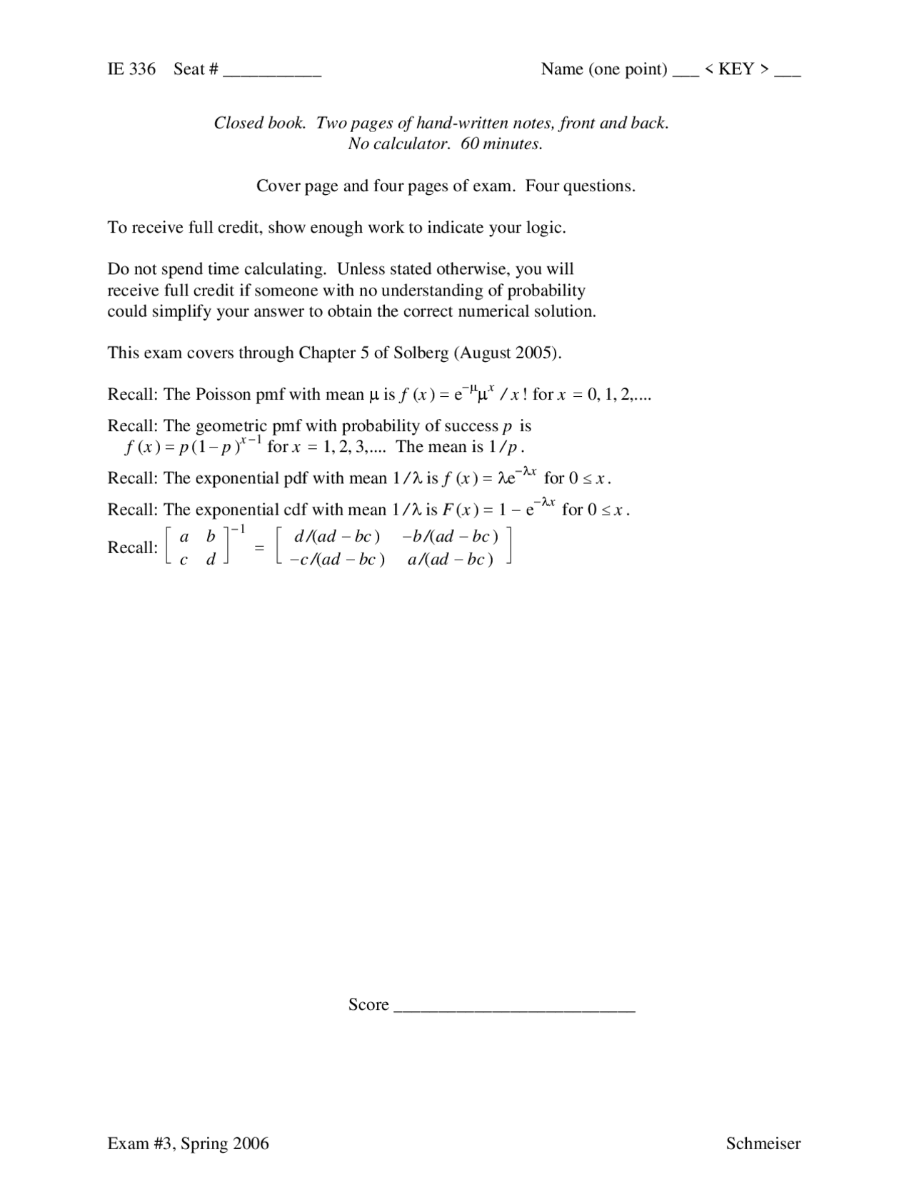 Exam 3 Spring 2006 - Stochastic Models - Operations Research | IE 33600 ...
