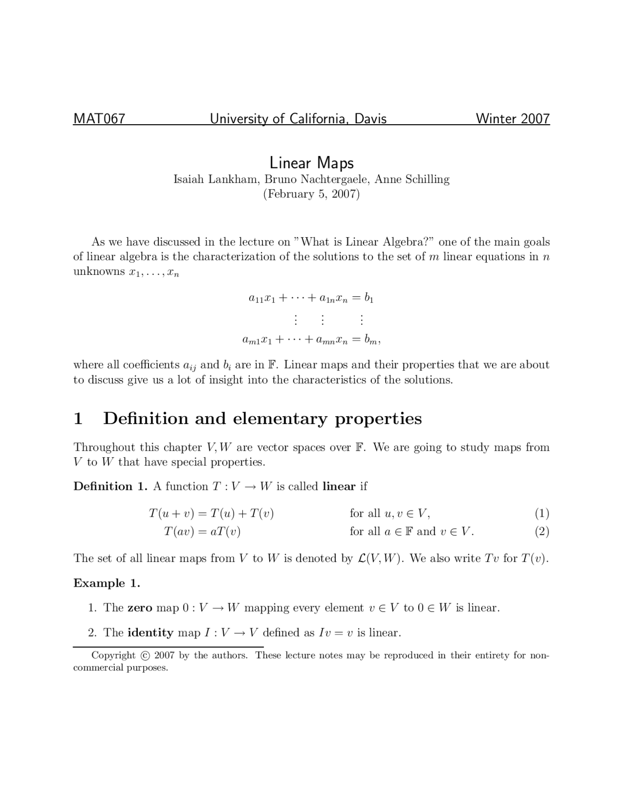 Linear Mapping Questions Linear Maps - Modern Linear Algebra - Handout | MAT 067 - Docsity