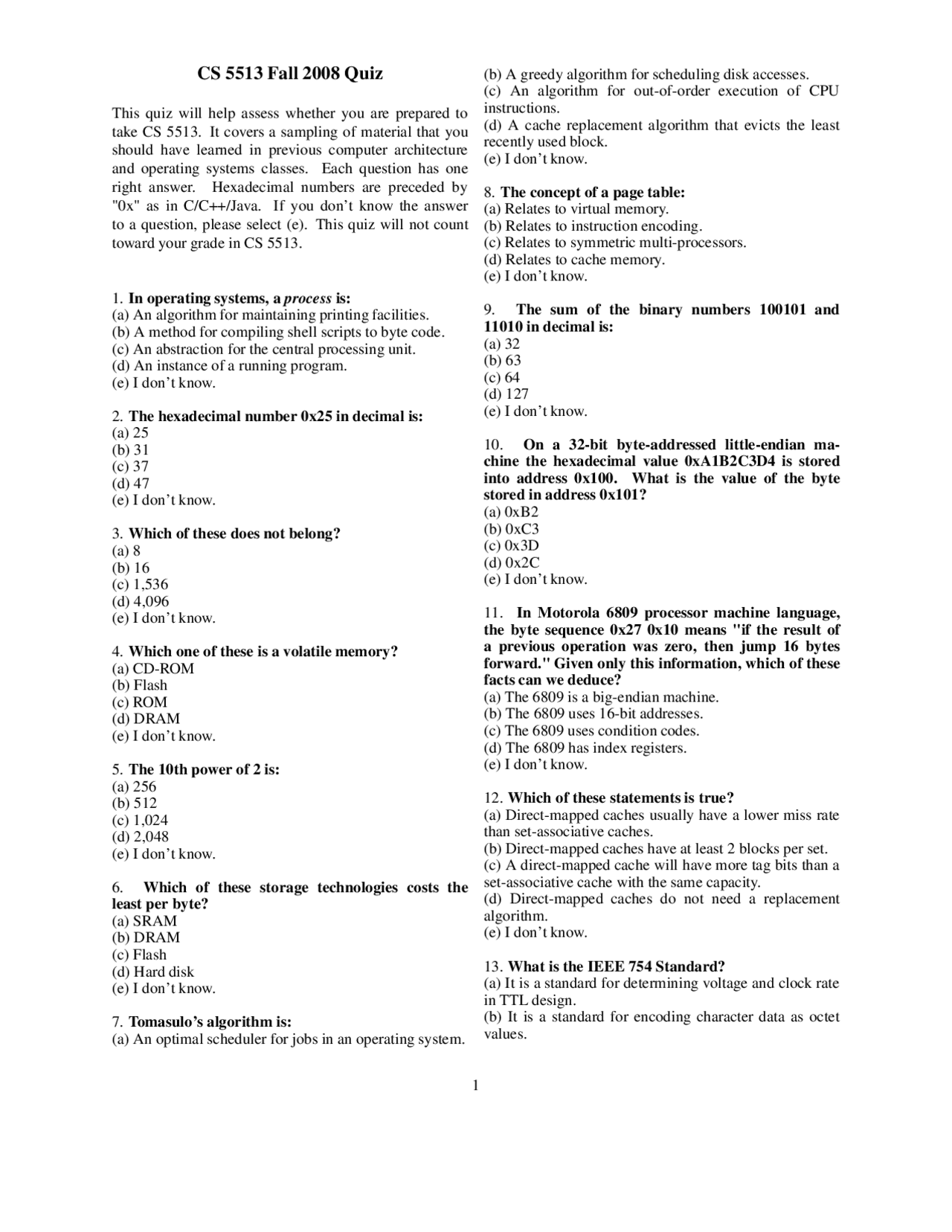 25 Multiple Choice Questions on Computer Architecture - Quiz | CS 5513 ...