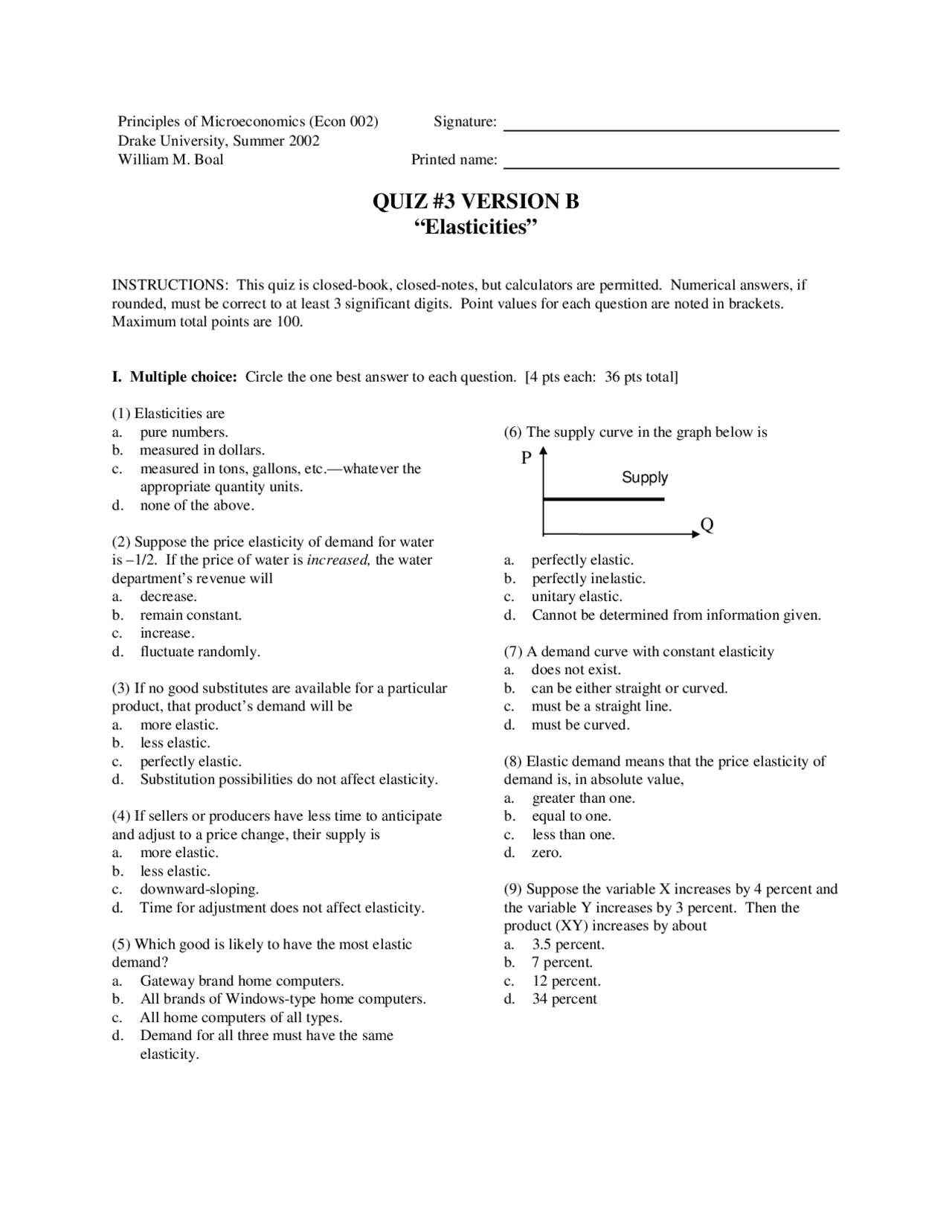 Questions on Principle of Microeconomics - Old Quiz 3 | ECON 002 | Docsity