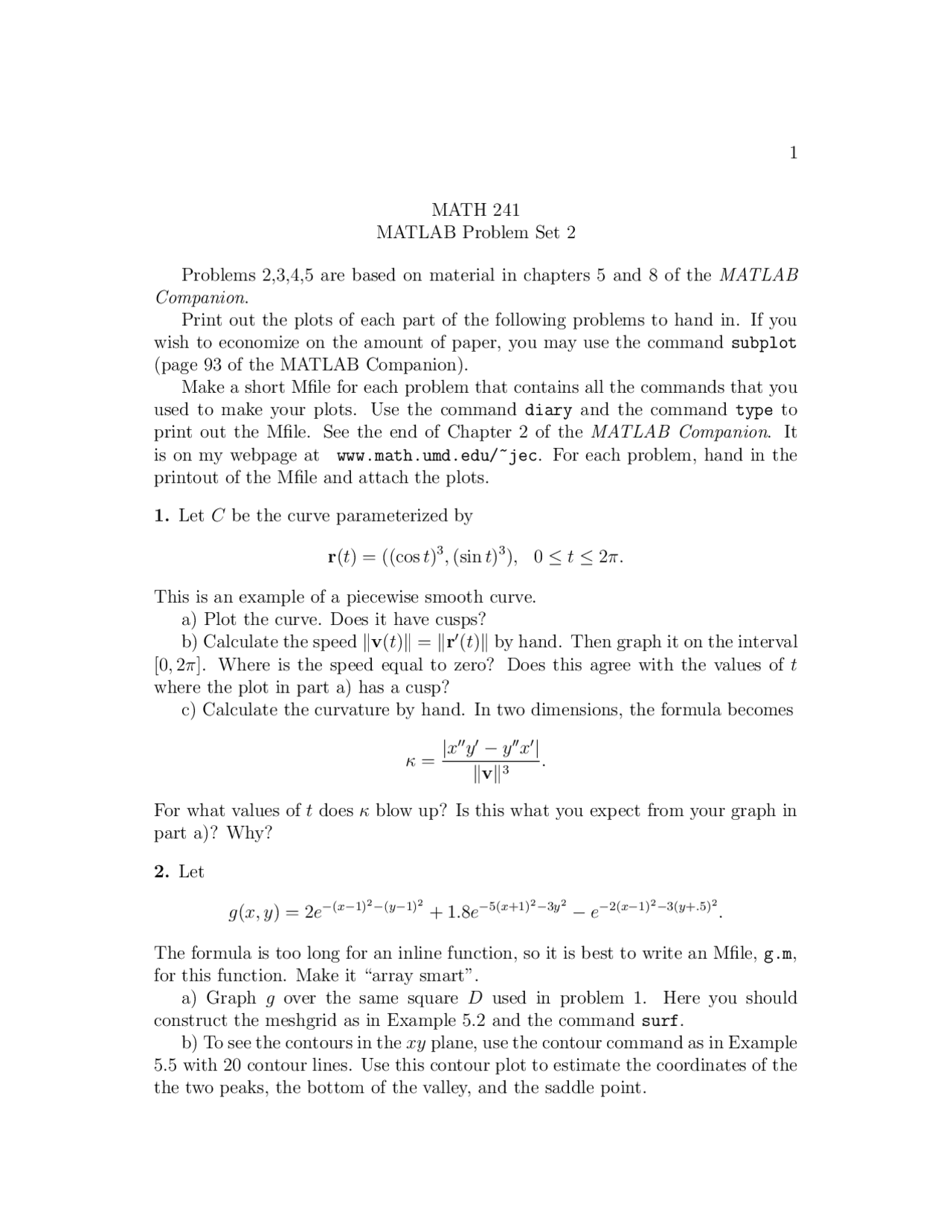 MATLAB Problem Set 2 with Solutions - Calculus III | MATH 241 - Docsity