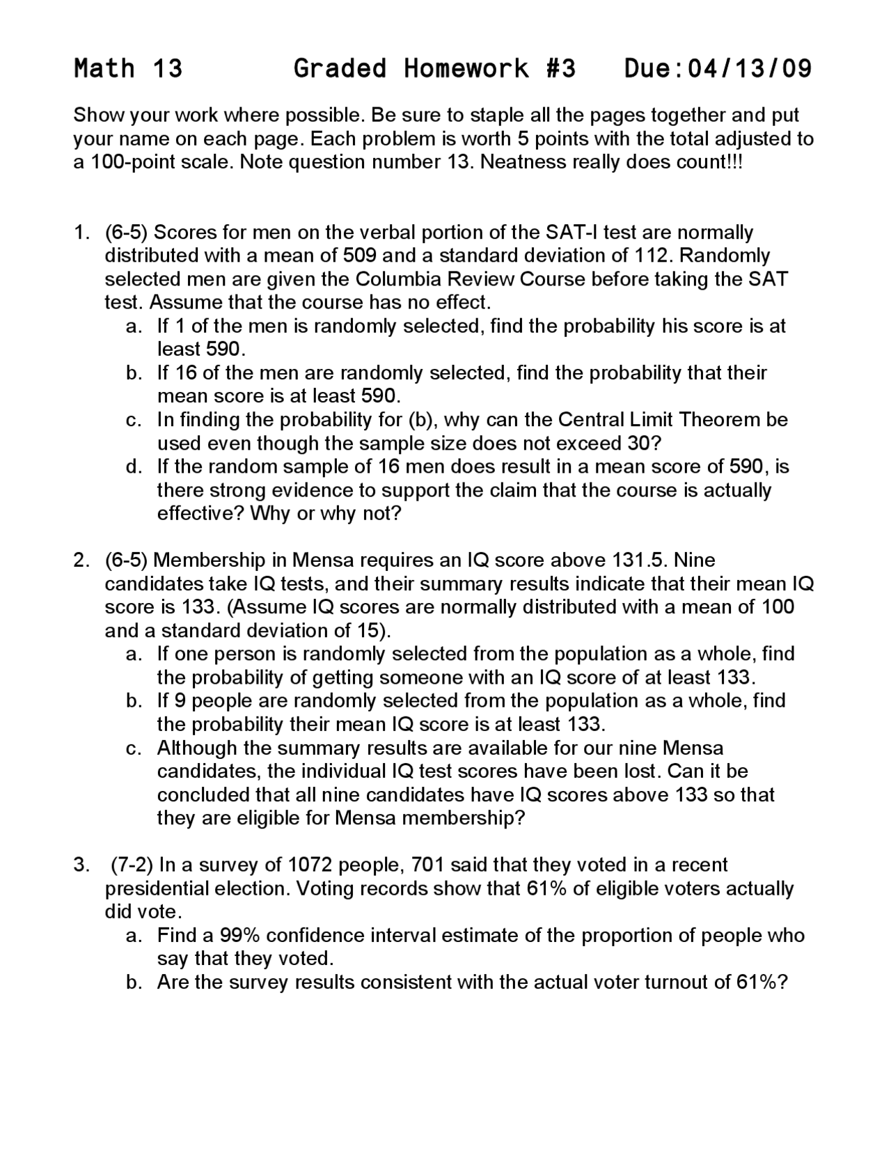 Graded Homework #3 - Elementary Statistics | MATH 0013 - Docsity
