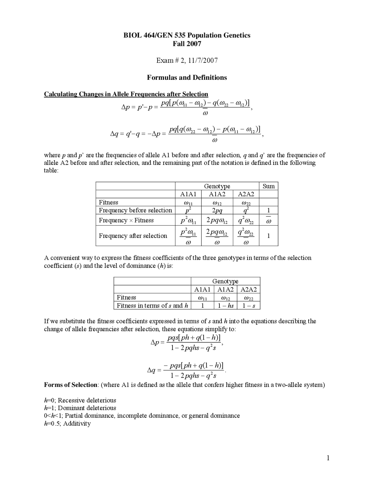 Genetics Math Formulas Exam 2 - Formulas and Definitions | Population and Quantitative ...