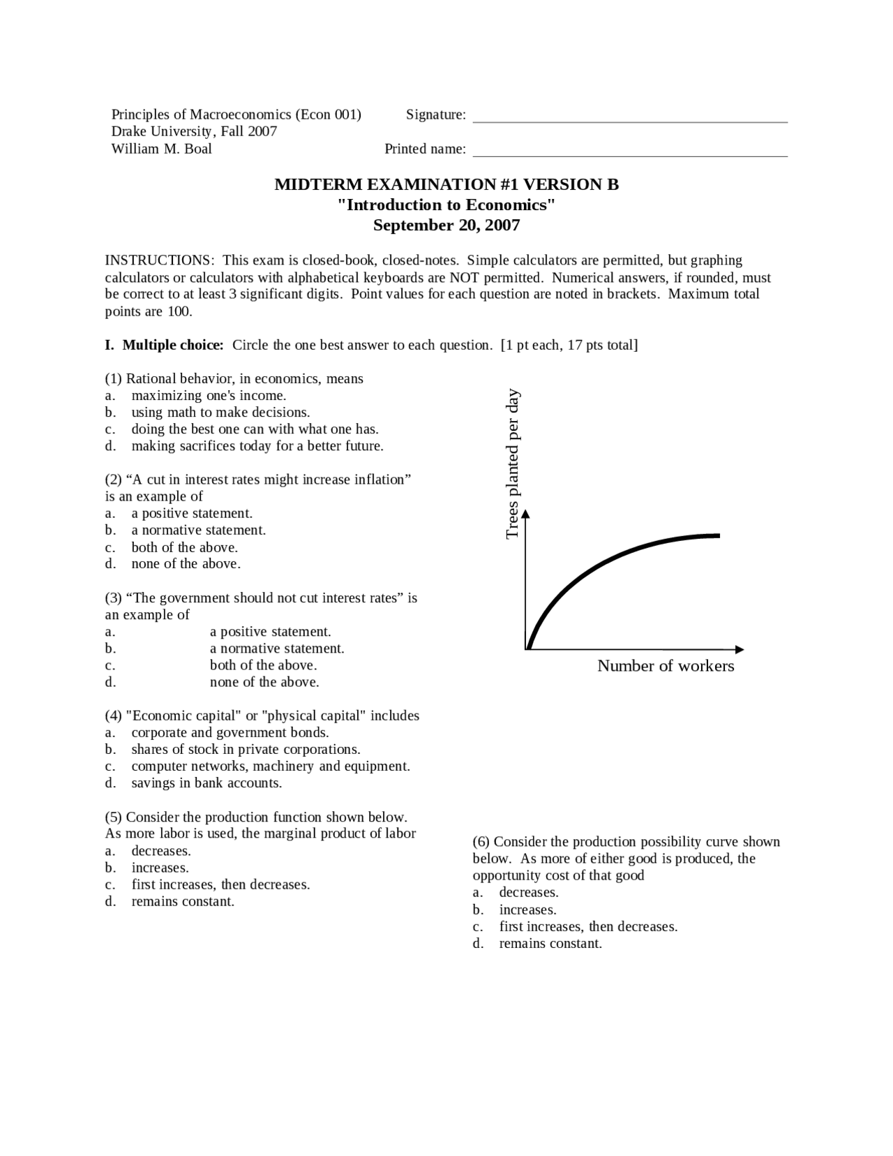 Introduction to Economics - Midterm Examination 1 Version B | ECON 001 ...